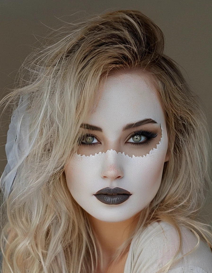 A gaunt woman with flowing white hair, her face painted in a grotesque parody of Victorian beauty. Her clothes, once lavish, now hang in tattered shreds, revealing raw flesh and bone beneath.

Style: Dark gothic horror, with a touch of surrealism.

Technical Considerations:

Camera: High-resolution digital camera (e.g., Sony a7R IV)
Lens: Telephoto lens (e.g., 70-200mm) for a haunting close-up effect.
Lighting: Low-key lighting with a single, dramatic spotlight illuminating the woman's face from above.
Focus: Selective focus with the woman's face and eyes in sharp detail, the background faded to a blur.
Additional Touches:

Use a vintage film grain effect to enhance the gothic atmosphere.
Consider including subtle hints of decay in the background, like cobwebs or peeling wallpaper.
Her makeup should be both elegant and disturbing, with cracked white foundation, dramatic black eyeliner extending into spiderweb-like designs, and blood red lipstick applied in a smeared fashion.
Emphasize the eyes, with one eye a milky white and the other a piercing crimson, both reflecting a chilling vacancy.
Her tattered clothing could be a mix of once-fine silks and lace, stained and ripped to reveal exposed bone or decaying muscle.
Overall Tone: The image should evoke a sense of fear, revulsion, and morbid fascination. The woman's emaciated form and grotesque makeup shouldn't be overtly sexual, but rather create a sense of unnatural beauty and decay.