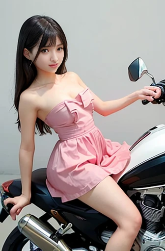 a lot of details, (slender waist), 30 years old, detailed black hair, beautiful detailed hair, super fucking beautiful, complex details beautiful and delicate eyes, perfect hands, (small breasts best quality), perfect and delicate limbs, detailed skin, best quality, ultra-detailed,(Scene of cornering on a hang-off on a super sports motorcycle:1.3),
full body, (impressive panoramas), thick thighs, (riding motor), floating long hair, cheerful grin, (strapless dress:1.3), high heels, pink Clothes,