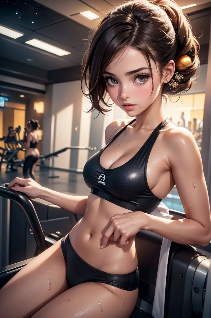 (best quality,4k,8k,highres,masterpiece:1.2),ultra-detailed,realistic,photorealistic:1.37, portrait, beautiful detailed eyes, beautiful detailed lips, celebrity makeup, extremely detailed face, long eyelashes, intimate view, classic oil painting, soft lighting, vibrant colors, warm tones, sensual atmosphere, 1 beautiful 18 year old Spanish girl, timid expression, natural brown hair, flawless skin texture, gentle breeze, frontal shot, young Spanish girl, from Space, Slender, small breasts, (((wearing a very short wet gym outfit))), on a spaceship, view of planets, Space, cocktail, (ariana grande), ((Maria Becerra)), 2girls, (kissing), blonde instagram model, (()), (((outerspace))), (((cleavage)))