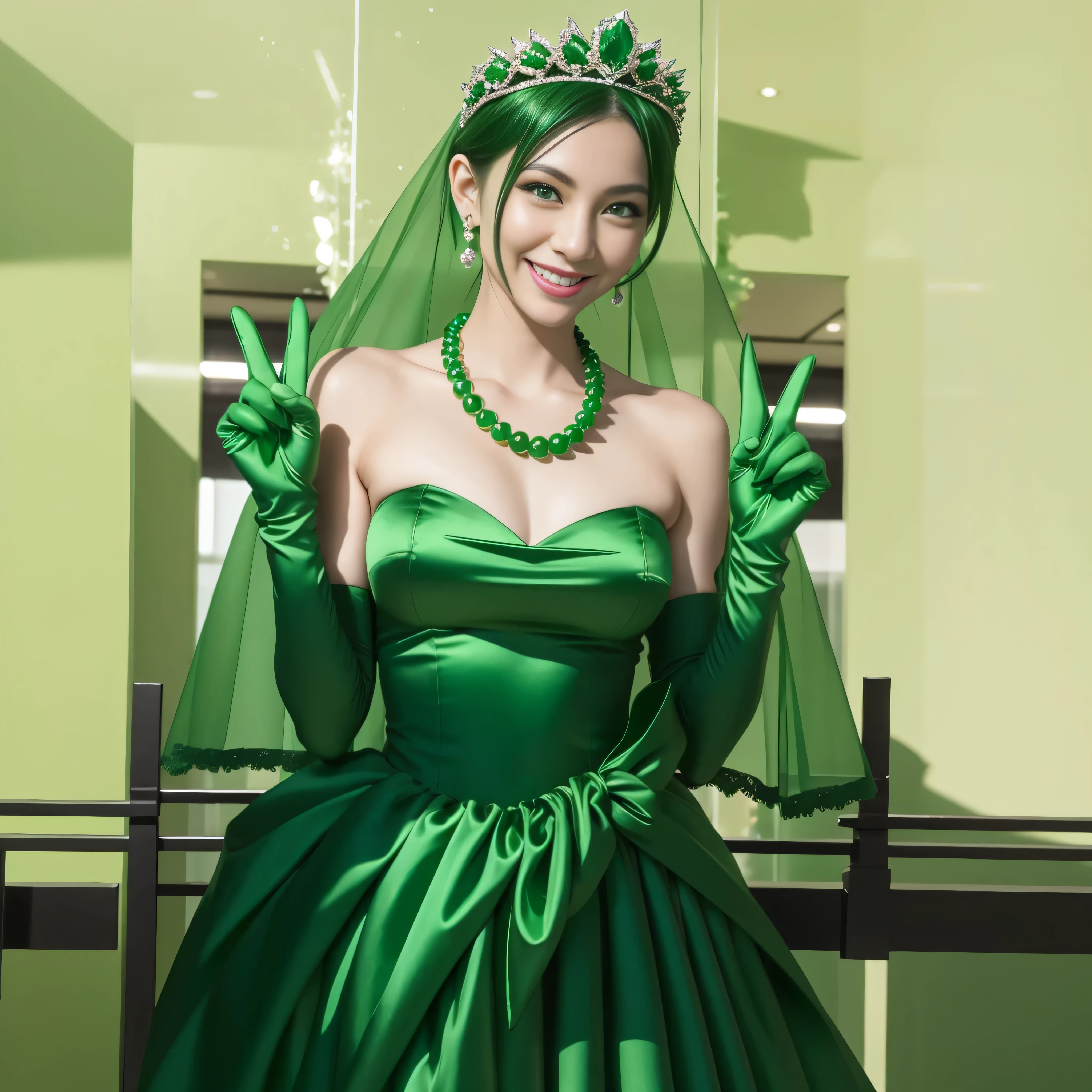 Emerald tiara, Green Pearl Necklace, Boyish very short green hair, lipstick, Smiling Japanese woman, Very short hair, Big tits beautiful, Green Eyes, Long green satin gloves, Green Eyes, Emerald Earrings, Green Veil, v sign