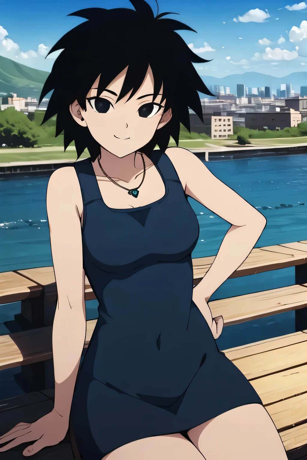 gine, 1girl, sunlight, solo, closed, blue sky, black hair, black eyes, city, bare shoulders, medium breast, collarbone, cowboy shot, short hair, looking at viewer, smile, looking at viewer, spiked hair, little black tight dress, t3ghtdr3ss, blue heart necklace, pier, docks, left hand on hips, sitting on a park bench