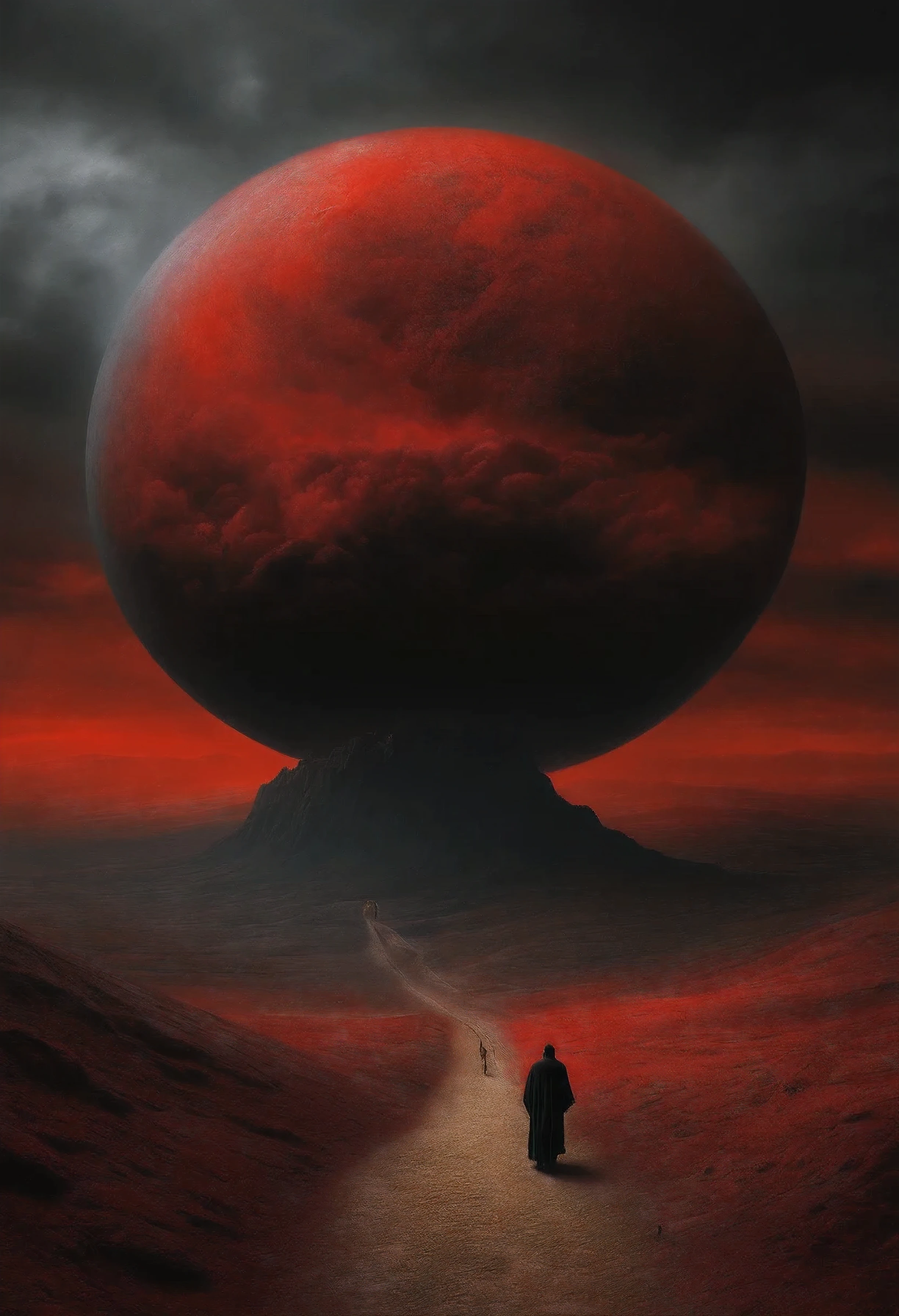 dark Red and black grey clouds with a light coming from above, by zdzislaw beksinski and van gogh, album cover art, rome, surrealism, futuristic ,evil, coral, wizard, abstract, dark, red, hell, landscape, eclipse, ghost, soul, universe, horror, lovecraft, Death metal