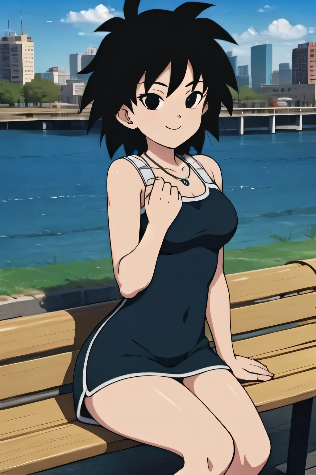 gine, 1girl, sunlight, solo, closed, blue sky, black hair, black eyes, city, bare shoulders, medium breast, collarbone, cowboy shot, short hair, looking at viewer, smile, looking at viewer, spiked hair, little black tight dress, t3ghtdr3ss, blue heart necklace, pier, docks, left hand on hips, sitting on a park bench