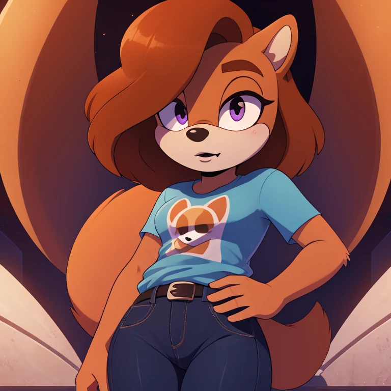sonic_(series), mobian squirrel, thin body, skinny figure, brown hair, wavy bangs, short hair, fluffy hair, white fur, violet eyes, black eyelids, t-shirt, jeans, beautiful, pretty, cute, masterpiece, 4k, high quality, studio quality, detailed, insanely detailed, extreme detail, refined detail, perfect detail, max detail, black lipstick, squirrel girl