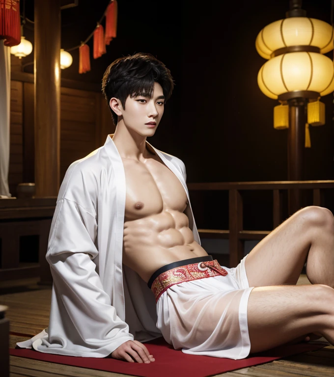 2 handsome Chinese boys, Chinese Men God, Mythology, Chinese odyssy,super realistic, Handsome, Topless, Muscles, Athlete body, Full Frame, Sexy, Professional Lighting, Hanfu Outfit, Chinese Heaven Background, Bulge Underneathe brief Underwear, white transparent brief, Sexy tight bulge form dick shape, Hanfu Warrior, Hanfu God, Hanfu Male, Hanfu Nobel, Seduce, Sex Appeals, Alafard man shirtles, muscular body, handsome, manly, inspirite by Zhang Han, Cai Xukun, Kim Do-young, Inspired by Bian Shoumin, Inspired by Xiao Yuncong, yihao ren, yanjun cheng, jinyiwei, inspired by Huang Gongwang, xintong chen, Jacket, wearing japanese thong ,nice butts, Tattoo chest, tattoo hands, tattoo arms, tattoo belly, clear studio light, lay on the ground, hands holding legs in M shape, night ancient chinese Buddhism temple background, detailed background, fantasy Chinese themed, the best resolution, 8k, Ultra fullHD, look at the viewer, catching eyes,