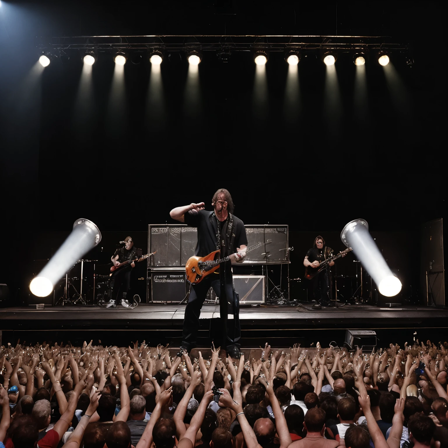 album cover, 80's heavy metal band , 4 man band on live concert stage up close with lots of stage lights and a crowd in the foreground