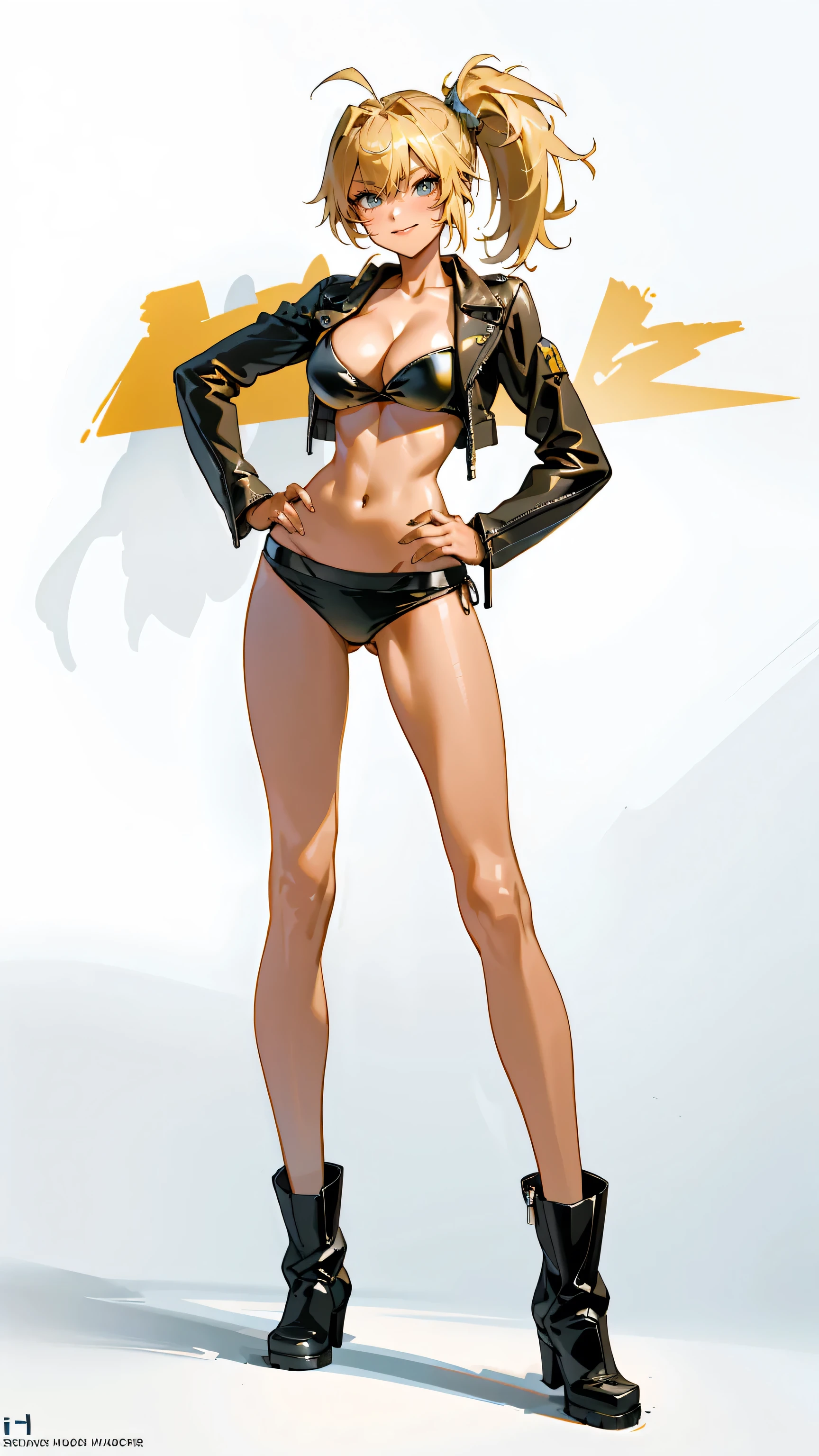 Masterpiece, best quality, Masterpiece, best quality, 1 woman , blue eyes , yellow ponytail , black leather jacket , sly face , smile , bikini , abdomen, big breasts , Long legs , boots , hands on hips , white background