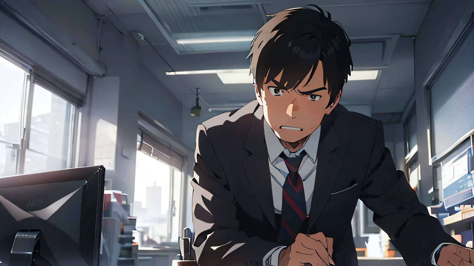A male office worker is glaring at a monitor in an office and clenching his teeth