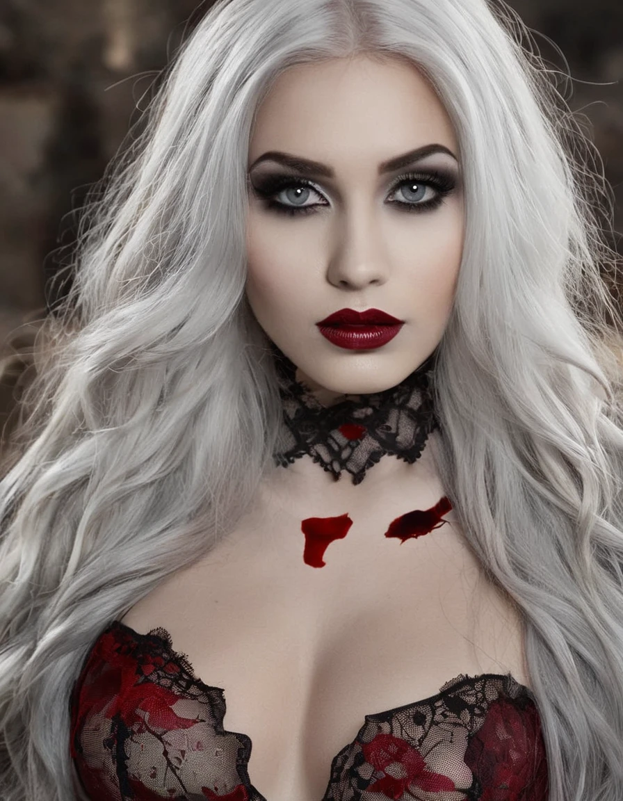 A gaunt woman with flowing white hair, her face painted in a grotesque parody of Victorian beauty. Her clothes, once lavish, now hang in tattered shreds, revealing raw flesh and bone beneath.

Style: Dark gothic horror, with a touch of surrealism.

Technical Considerations:

Camera: High-resolution digital camera (e.g., Sony a7R IV)
Lens: Telephoto lens (e.g., 70-200mm) for a haunting close-up effect.
Lighting: Low-key lighting with a single, dramatic spotlight illuminating the woman's face from above.
Focus: Selective focus with the woman's face and eyes in sharp detail, the background faded to a blur.
Additional Touches:

Use a vintage film grain effect to enhance the gothic atmosphere.
Consider including subtle hints of decay in the background, like cobwebs or peeling wallpaper.
Her makeup should be both elegant and disturbing, with cracked white foundation, dramatic black eyeliner extending into spiderweb-like designs, and blood red lipstick applied in a smeared fashion.
Emphasize the eyes, with one eye a milky white and the other a piercing crimson, both reflecting a chilling vacancy.
Her tattered clothing could be a mix of once-fine silks and lace, stained and ripped to reveal exposed bone or decaying muscle.
Overall Tone: The image should evoke a sense of fear, revulsion, and morbid fascination. The woman's emaciated form and grotesque makeup shouldn't be overtly sexual, but rather create a sense of unnatural beauty and decay.