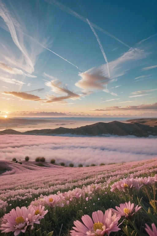 Immerse yourself in this picturesque landscape, where the beauty of nature is immortalized in every detail. A vast plain stretches before you, decorated with a sea of blooming pink flowers. Each petal is a stroke of bright color., expression of abundance of life. The setting sun bathes the stage in a soft golden light., illuminating the delicate contours of flowers and painting the sky in shades of pink and blue.. clouds, like soft brush strokes, dance on the horizon, creating a celestial spectacle, которое Seems прямо из сцены из фильма. Immerse yourself in this oasis of calm and beauty., where is the time, Seems, stopped and the soul finds peace.
