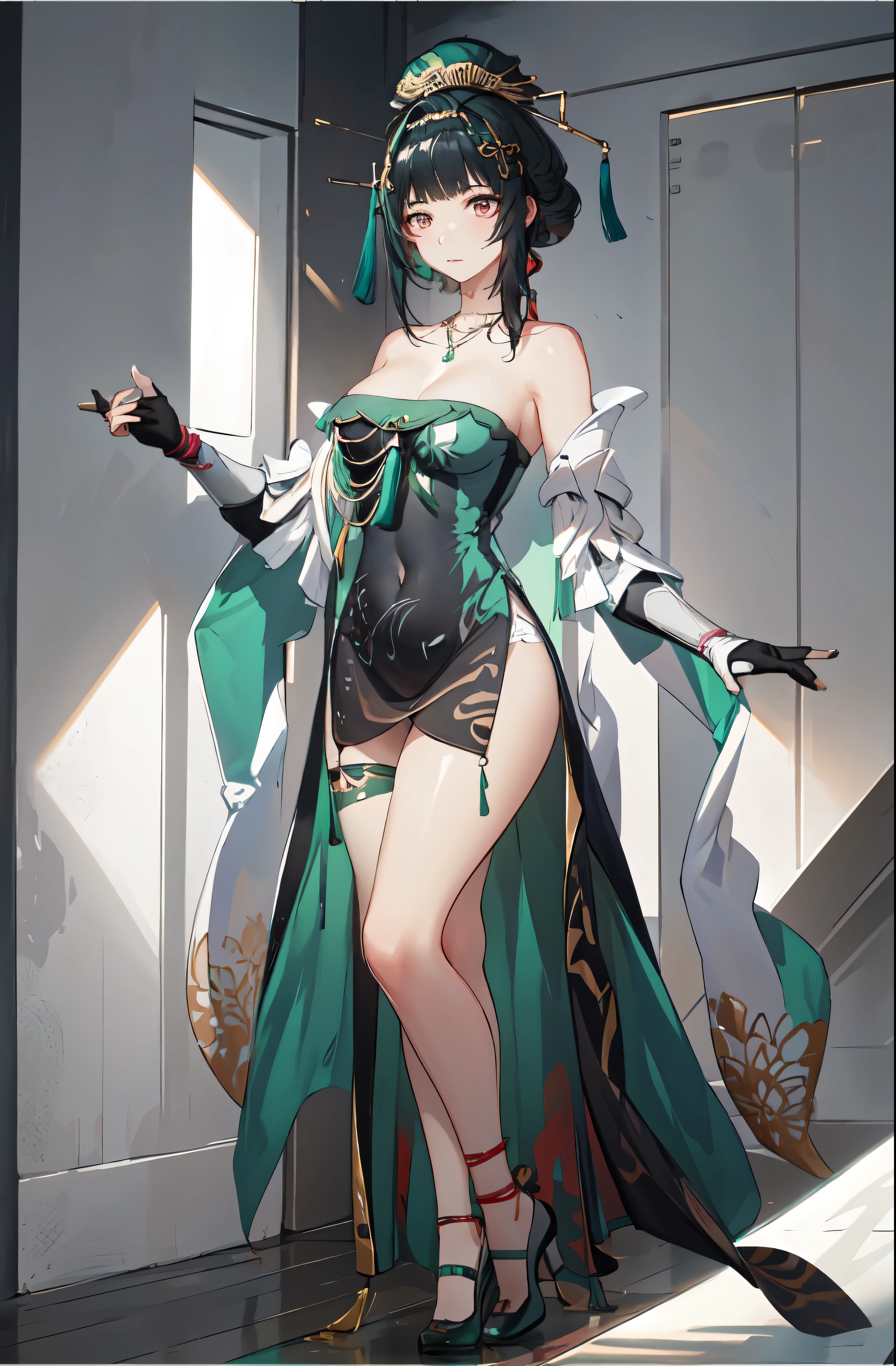 masterpiece, best quality BREAK solo, china dress, highres, 1girl, standing, (large breasts), mature female, hanying, Full body drawing, (masterpiece), (best quality), (hyperdetail), (illustration), ((extremely delicate and beautiful)), (detailed light), (prefect's body), full body drawing, Hanying, HanYing, sexy, sexy belly, sexy belly line, sexy belly button
