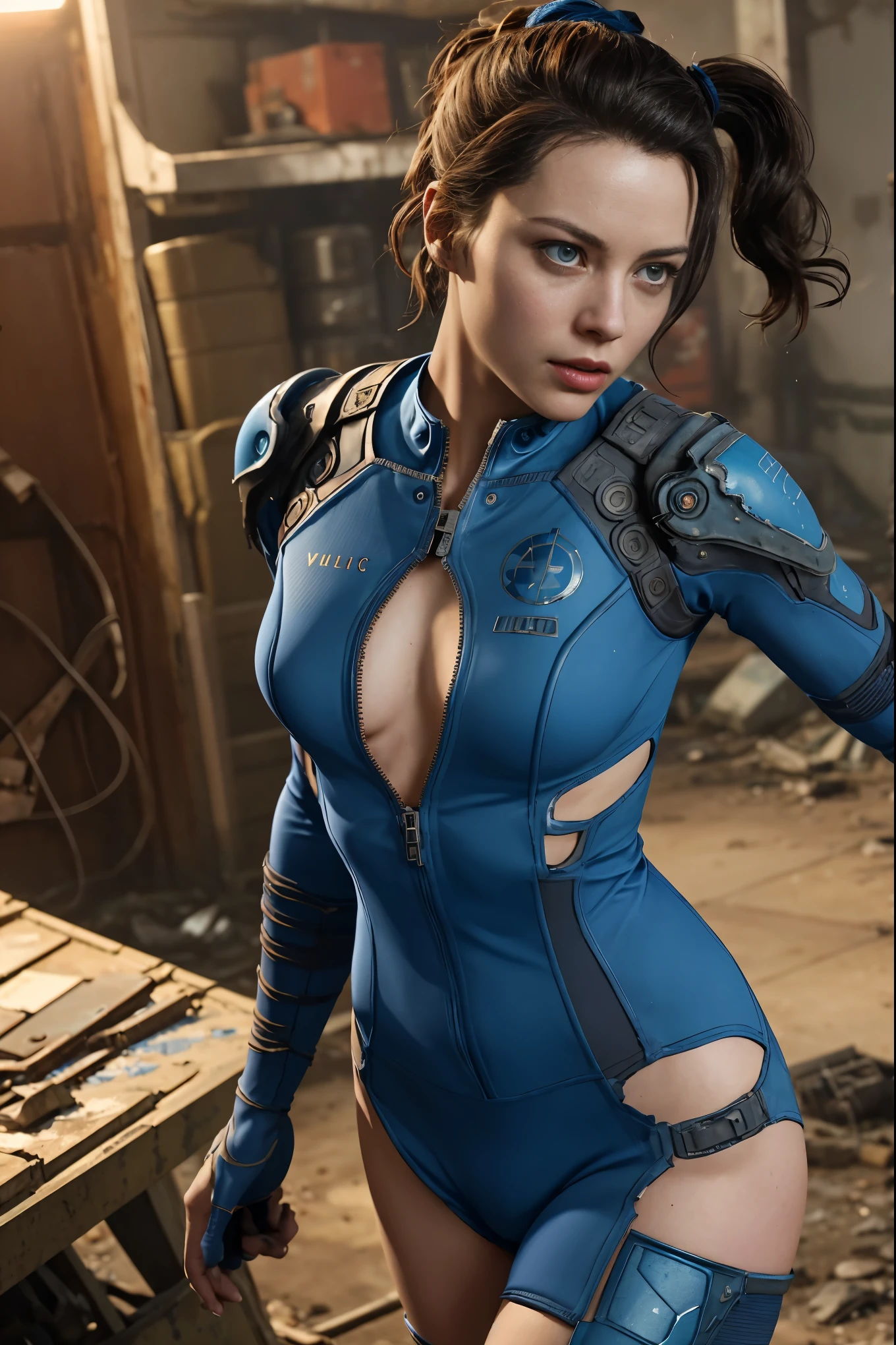 A cute and nerdy woman, (Grace Kelly:Gillian Jacobs:0.5), black wavy hair tied in a ponytail, (wearing a revealing high detail blue Fallout 4 vault suit with cut-outs), high detail face, high detail skin, seductive expression, perfect body, perfect proportions, a nuclear wasteland background with scattered ruins, high quality, masterpiece, realistic photo, intricately detailed, 8k, HDR, shallow depth of field, wide light, high contrast, backlight, sharp focus, RAW color photo, looking at the camera, cool colors, dynamic poses, in the style of Fallout 4