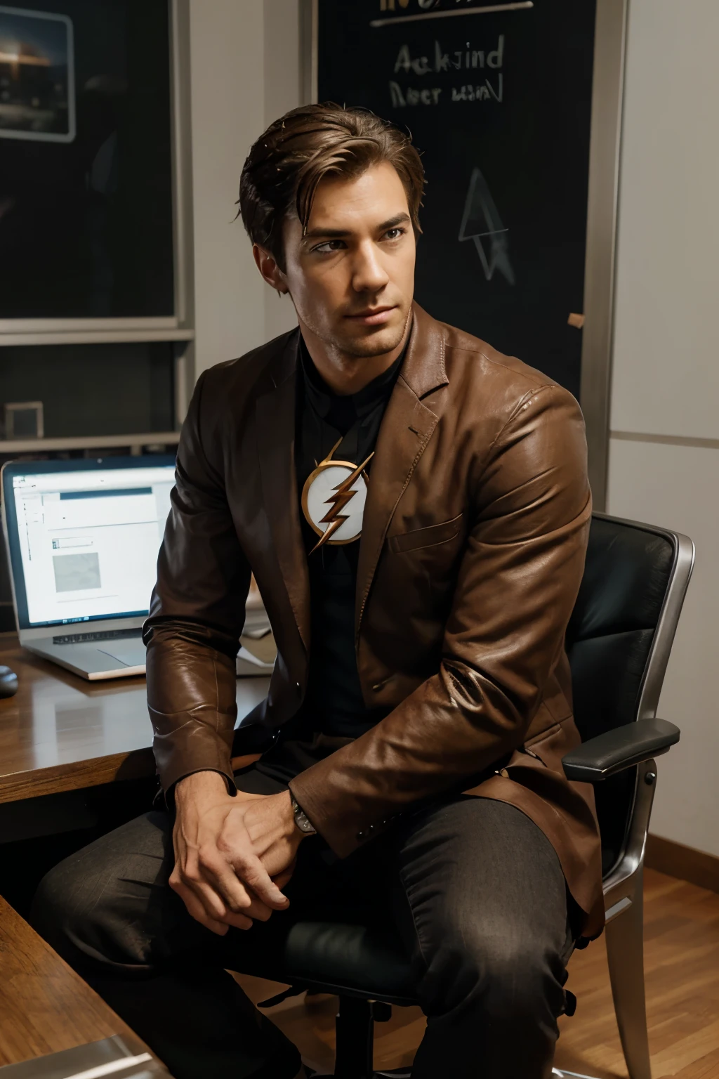 The Flash sitting at a table, photo of a man, sitting at desk, corporate photo, handsome man, professional portrait hd, sitting at a desk, a photo of a man, handsome and attractive, professional profile photo, attractive man, sitting behind desk, looking straight
