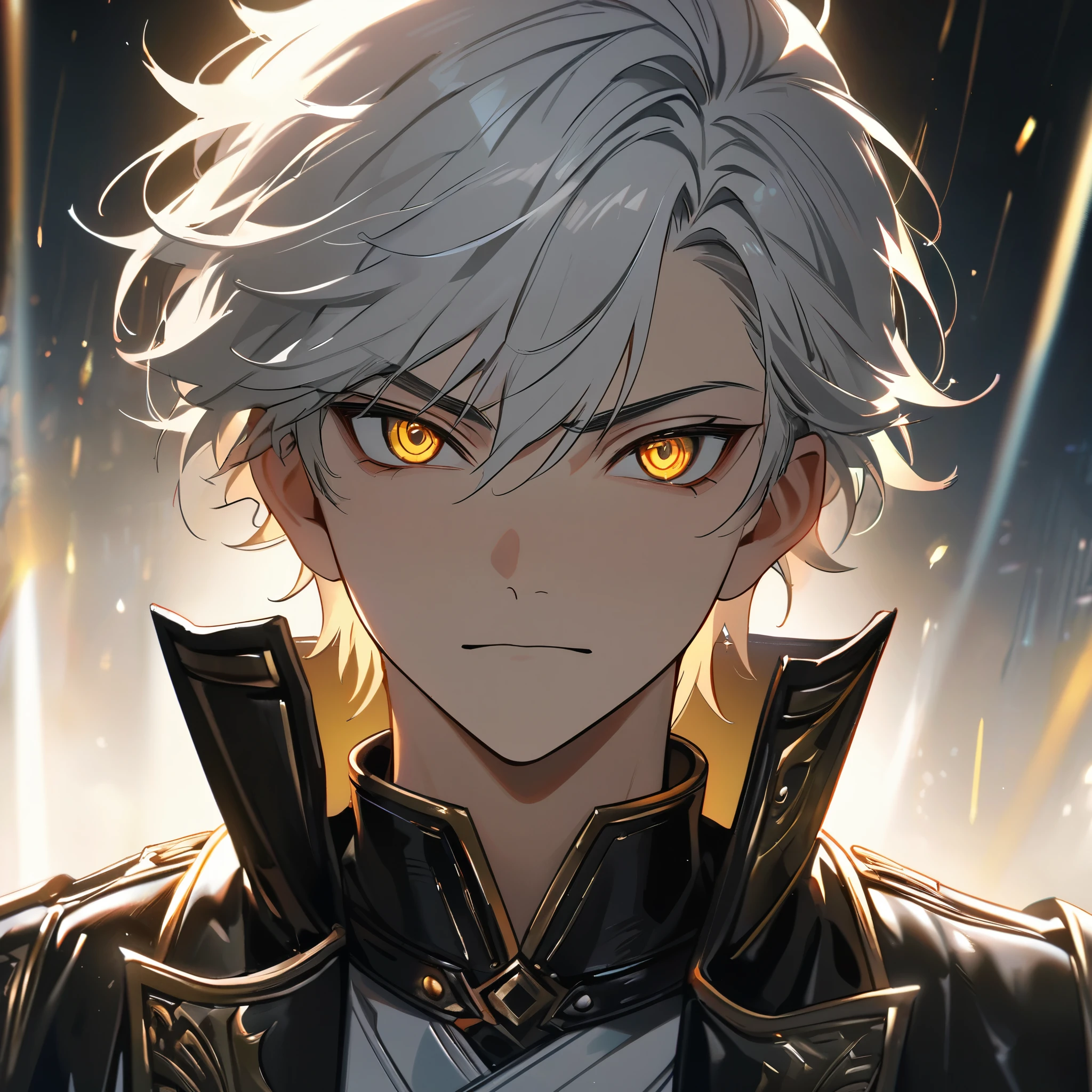 High quality, HD, 4k, handsome male, 1male, , teenager, going, short white hair, sharp eyes, gold eyes, devil may cry, close up, calm expression, stoic expression, black leather clothes, white leather clothing, upper body, looking at viewer, cowboy shot, white solar, shining background