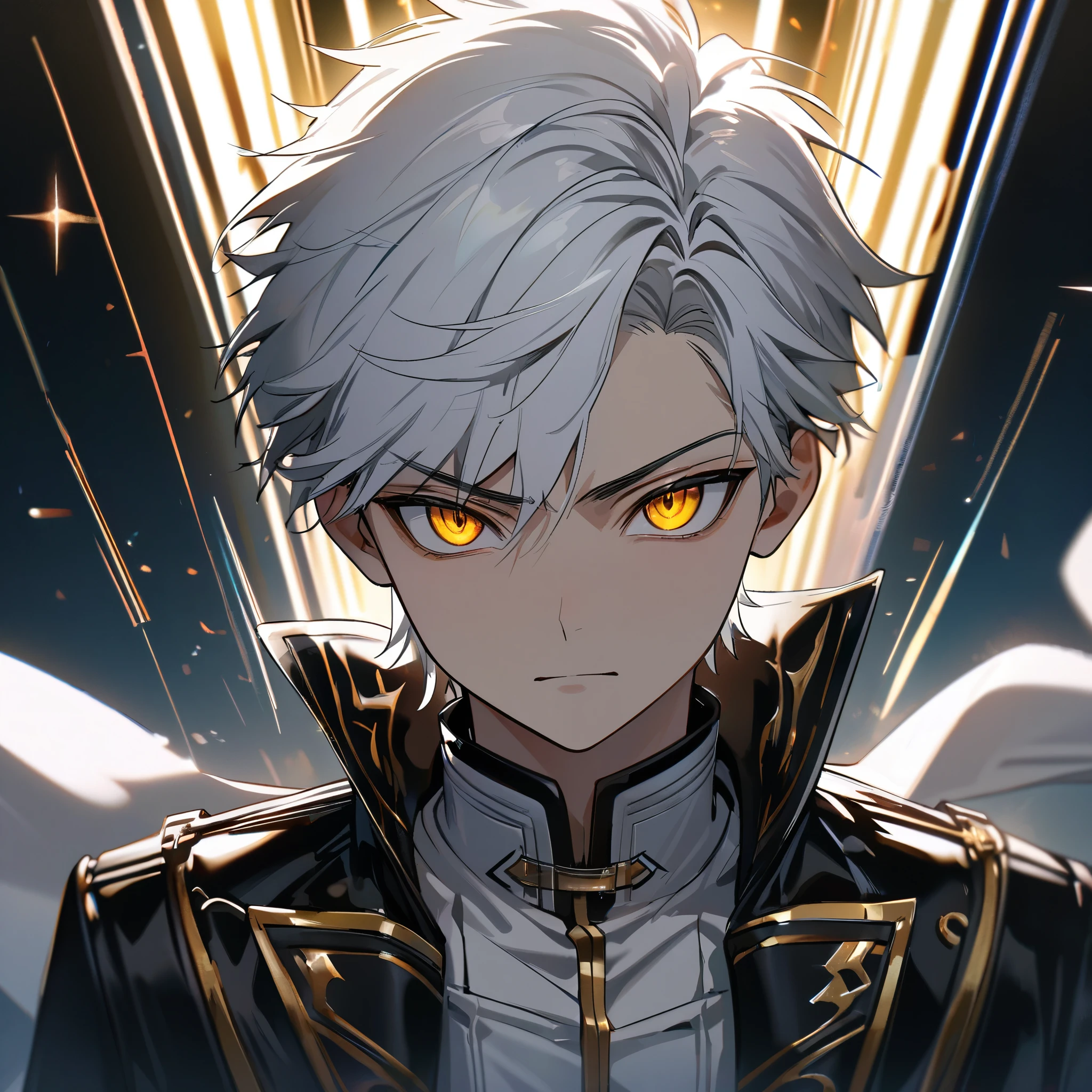 High quality, HD, 4k, handsome male, 1male, 17 years old, teenager, golden lining, short white hair, sharp eyes, gold eyes, devil may cry, close up, calm expression, stoic expression, black leather clothes, white leather clothing, upper body, looking at viewer, cowboy shot, white solar, shining background