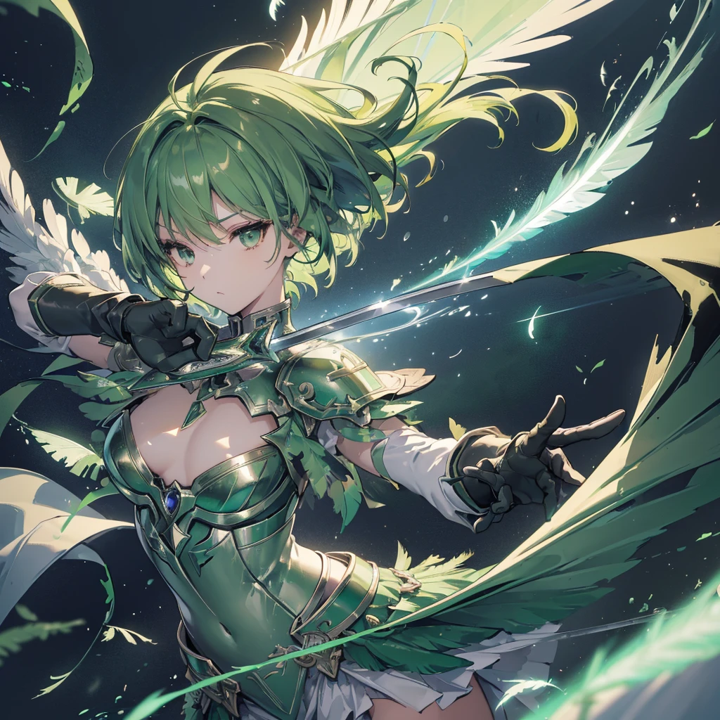 ((high resolution Green Hair Short Hair Iron Armor Angel of Victory Lonely despair)) ((night Western style chest Shining Aura gloves)) (Big feather Dance Blade of Light Holding a sword long Slashing) night moon star Slashing Catch the wind
