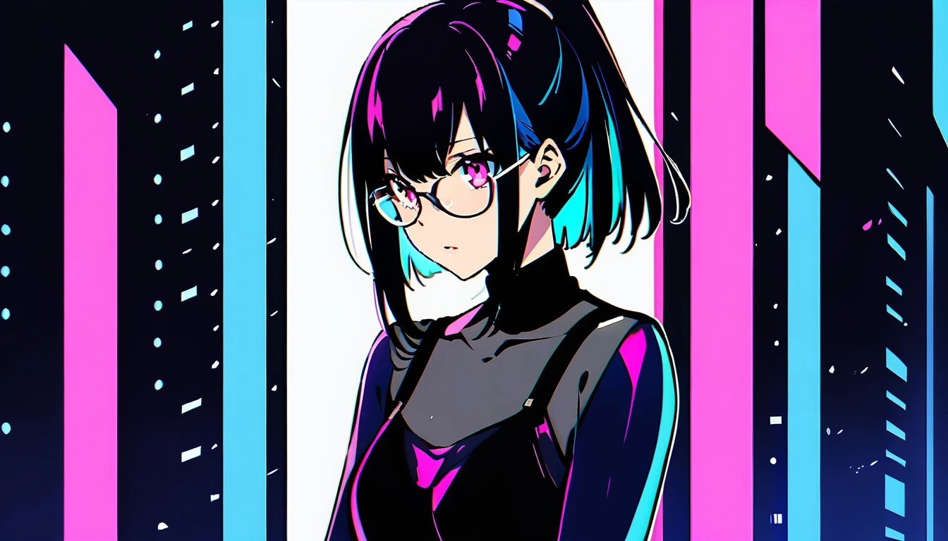 (best quality, 4k),((one girl, skinny body, size, short hair, high ponytail hairstyle, dark blue outer hair, (cyan inner hair), pink eyes, wears contact glasses)). (city nights background)