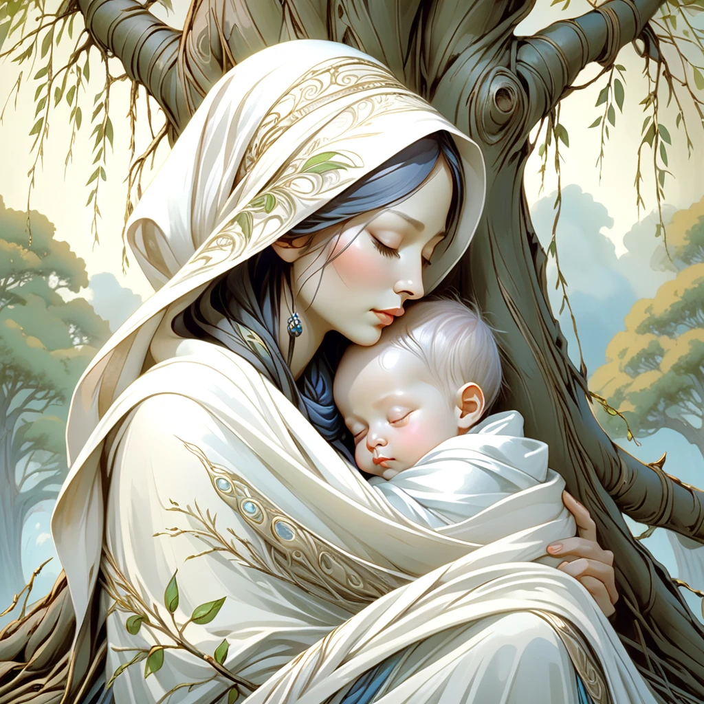 Close up half body portrait of a loving mother sitting peacefully beneath an old Willow tree, cradling her , a white scarf is covering her head, open eyes, highly detailed and intricate, hypermaximalist, ornate, luxury, cinematic, cgsociety, James jean, Brian froud, ross tran