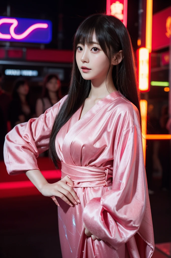 best quality, 8k, highly detailed face and skin texture, high resolution, cute long hair japanese girl in luxury dress at nightclub, under neon light, sharp focus