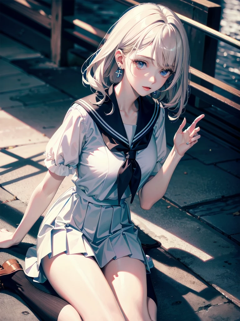 absurdres, RAW photo, extremely delicate and beautiful, masterpiece, Best Quality, ultra high resolution, 32k, hyperrealistic, ultra-detailed, detailed description, pale skin, 20 years old, tearful mole, earring, full body shot, Colossal tits, short medium hair, wavy hair, sailor uniform, school_uniform,