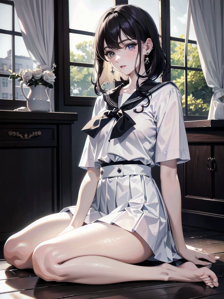 absurdres, RAW photo, extremely delicate and beautiful, masterpiece, Best Quality, ultra high resolution, 32k, hyperrealistic, ultra-detailed, detailed description, pale skin, 20 years old, tearful mole, earring, full body shot, Colossal tits, short medium hair, wavy hair, sailor uniform, school_uniform,