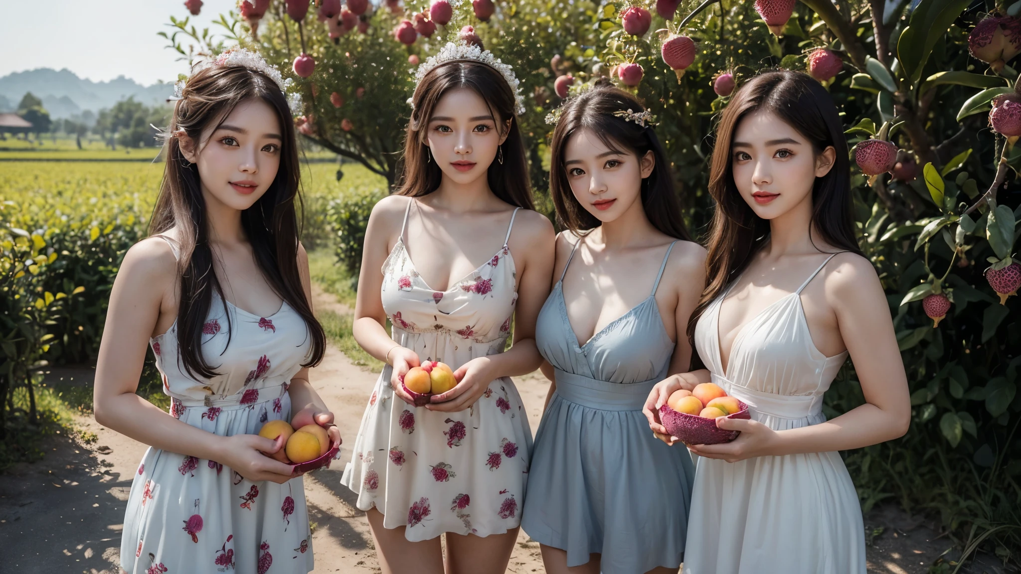 A beautiful girl Siamese triplets having lunch in a park, one wearing a pink top, one wearing beautiful lingerie, one wearing a shirt with a low neckline, highly detailed, realistic, photorealistic, 8k, masterpiece, cinematic lighting, soft colors, warm tones, beautiful background, nature scenery