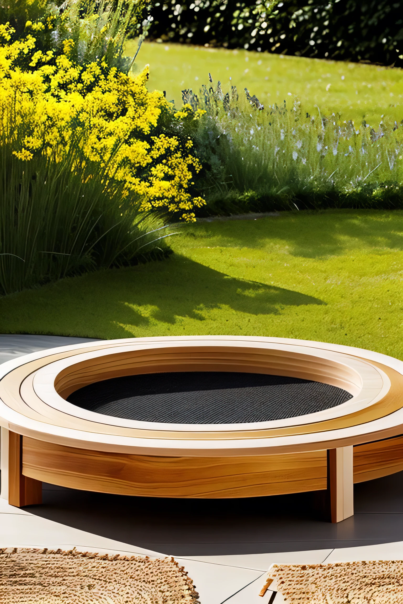A circular wooden platform for displaying products on a landscape filled with bright sunlight