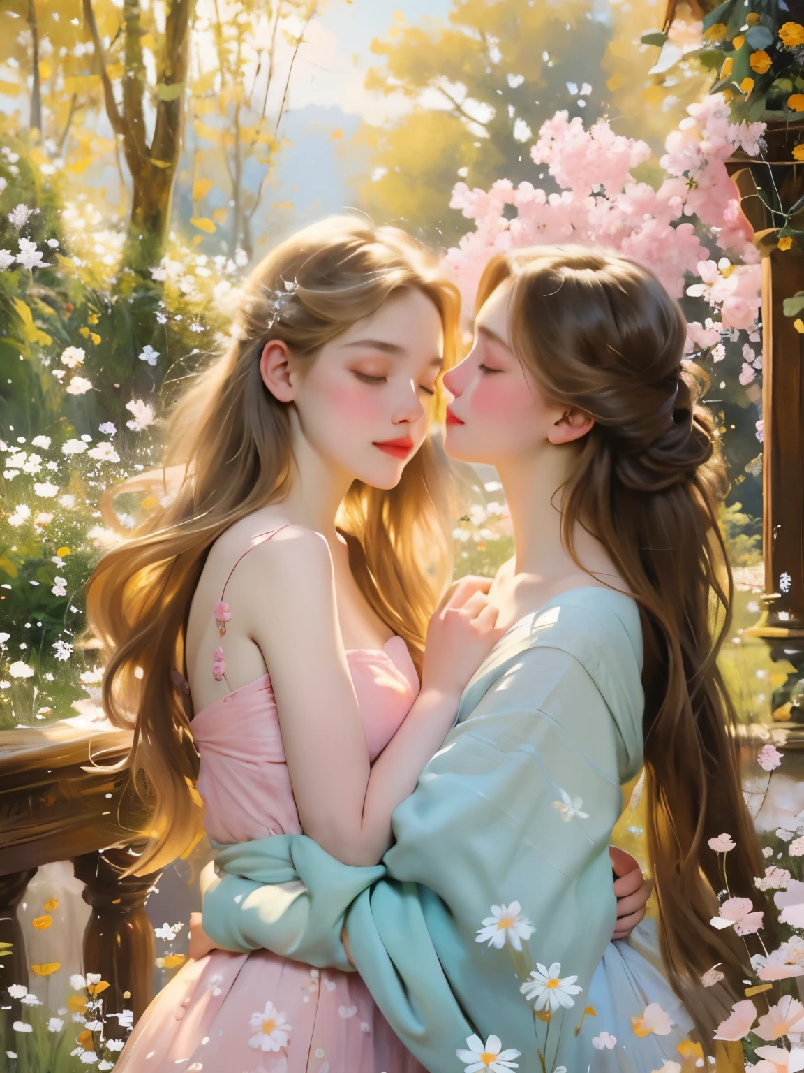 Capture the essence of pure serenity and natural beauty in an awe-inspiring oil painting that transports viewers into a dreamlike world where a girl finds solace amidst a sea of Paper Daisies. Imagine a tranquil meadow bathed in the soft glow of the setting sun, where the vibrant hues of yellow, orange, and pink Paper Daisies stretch as far as the eye can see. Nestled among the blossoms lies a young girl, her figure draped in billowing fabric that mirrors the delicate petals of the flowers. With a sense of peaceful abandon, the girl reclines gracefully among the daisies, her eyes closed in quiet contemplation. The warm golden light of the sun caresses her skin, casting a gentle radiance that illuminates her features and lends an ethereal quality to the scene. The oil painting captures the intricate details of each individual Paper Daisy, from the delicate papery petals to the subtle variations in color and texture. Layers of thick, luscious oil paint are applied with masterful brushstrokes, creating depth and dimension that bring the flowers to life on the canvas. In the distance, rolling hills rise and fall like waves on the horizon, their verdant slopes dotted with patches of wildflowers that dance in the breeze. A soft breeze rustles through the meadow, carrying with it the sweet scent of the daisies and the soft murmur of distant birdsong. As the viewer gazes upon the painting, they are drawn into a state of tranquil reverie, enveloped by the beauty and tranquility of the natural world. "Golden Reverie" is not merely a painting—it is a sanctuary of peace and beauty, a refuge from the chaos of the world, and a reminder of the simple joys that lie in the embrace of nature.