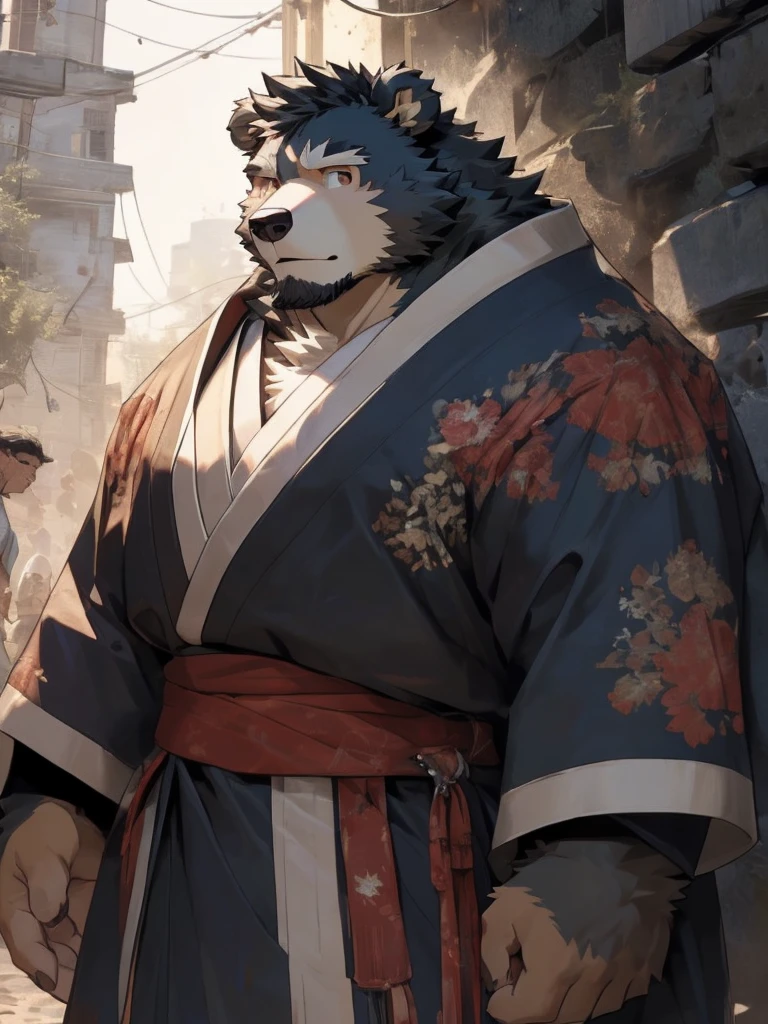 (Super detailed),Be focused,Delicate eyes,Brown eyes furry,Look straight ahead,(Black and white fur), black beard,Black Hair,human nature (Bear:1.3), male, Middle-aged and elderly people, brown body, White belly, muscular ,(Crotch bulge),Super detailed的脸,(Messy 1.4),(best quality), (masterpiece), High Detail,high quality,high resolution,16K,close up,(Wear only white),(War Background),Majestic appearance,Overlooking,(Brown fur:1.3),(General's robe)