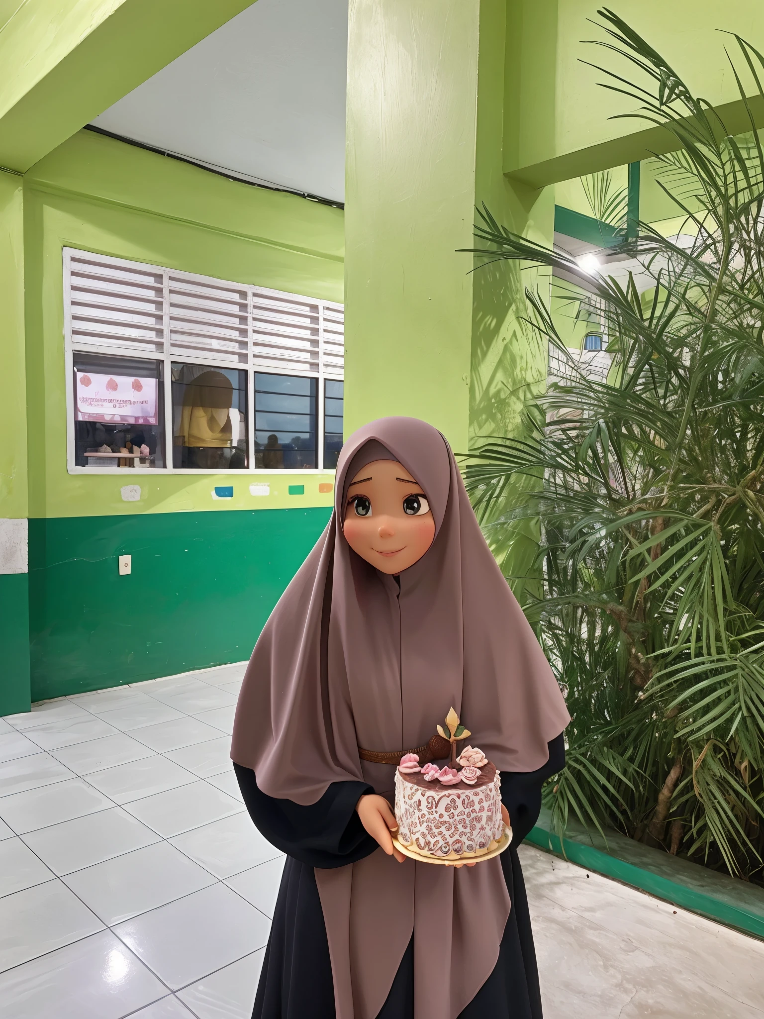 Make her like a princess hijab in Disney World
make the background like beautifull flower garden in the world and around her
Make a cake in her hand like a delicious cake in the world