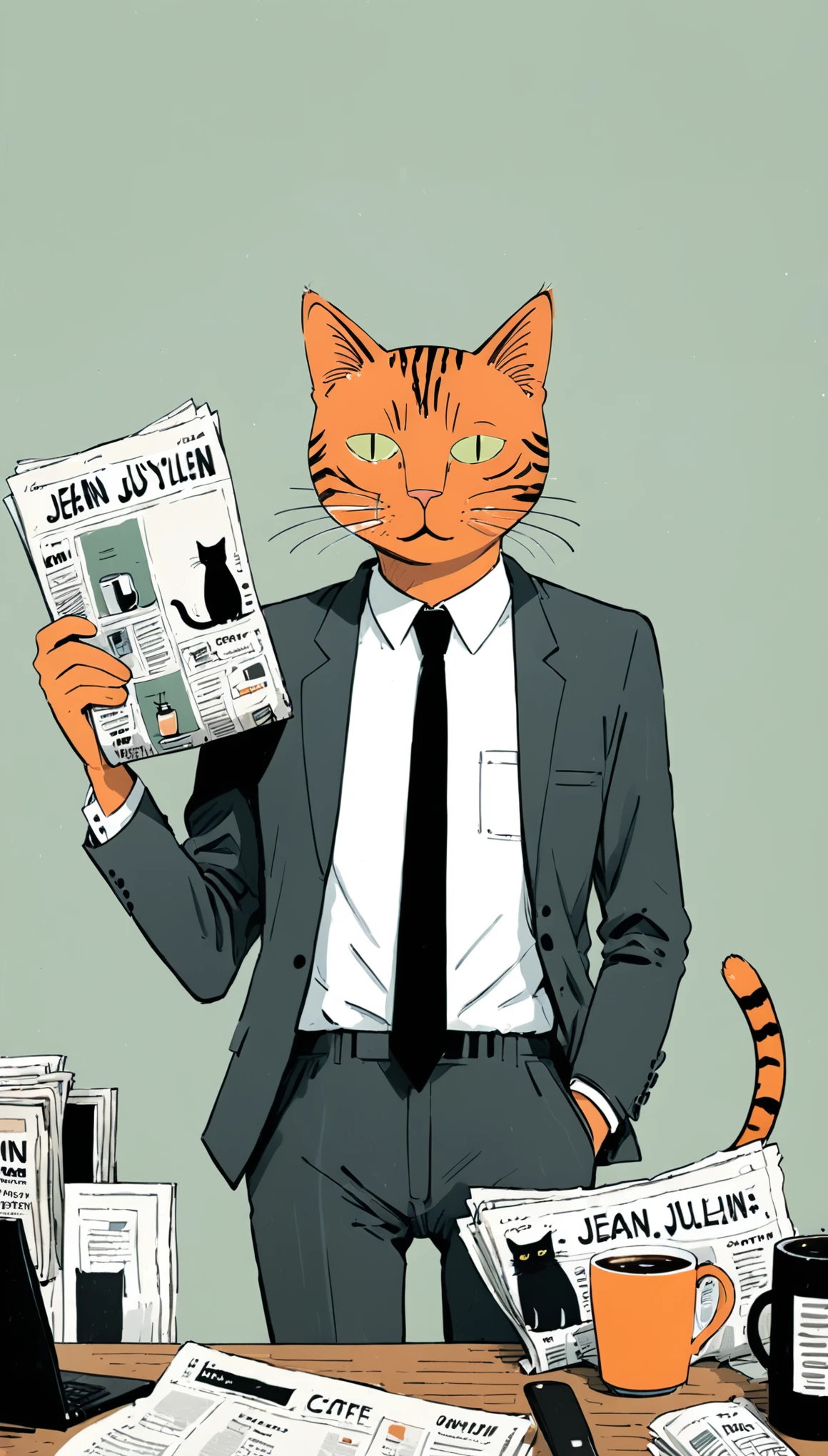 (in style of Jean Jullien:1.3),1girl,Character Design,Suit，tie，White shirt，office，coffee，newspaper，1 cat，Minimalist art style，