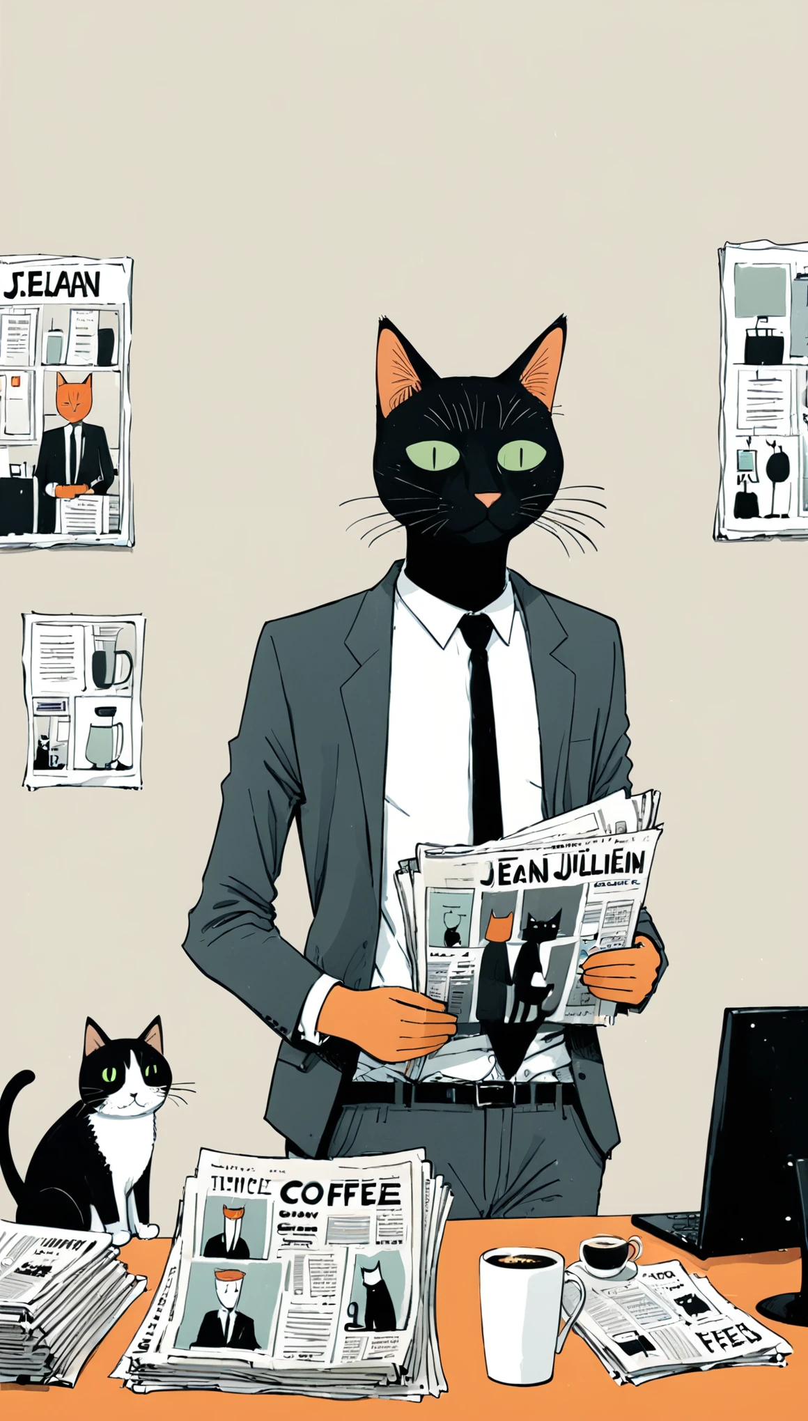 (in style of Jean Jullien:1.3),1girl,Character Design,Suit,tie,White shirt,office,coffee,newspaper,1 cat,Minimalist art style,