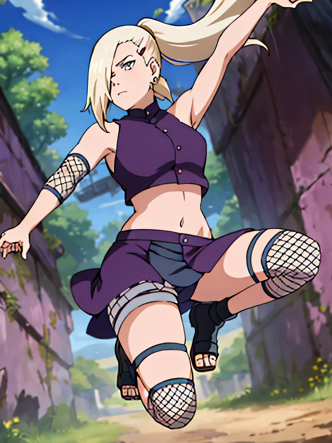 Yamanaka Ino, hair on one eye, ponytail, Hair clips, purple crop top, voluptuous, skirt, fishnet, earring, Diaphragm, show legs, condescending, alone, 1 girl, Facing the front, Masterpiece, perfect face, jump, Raise your legs high., touch