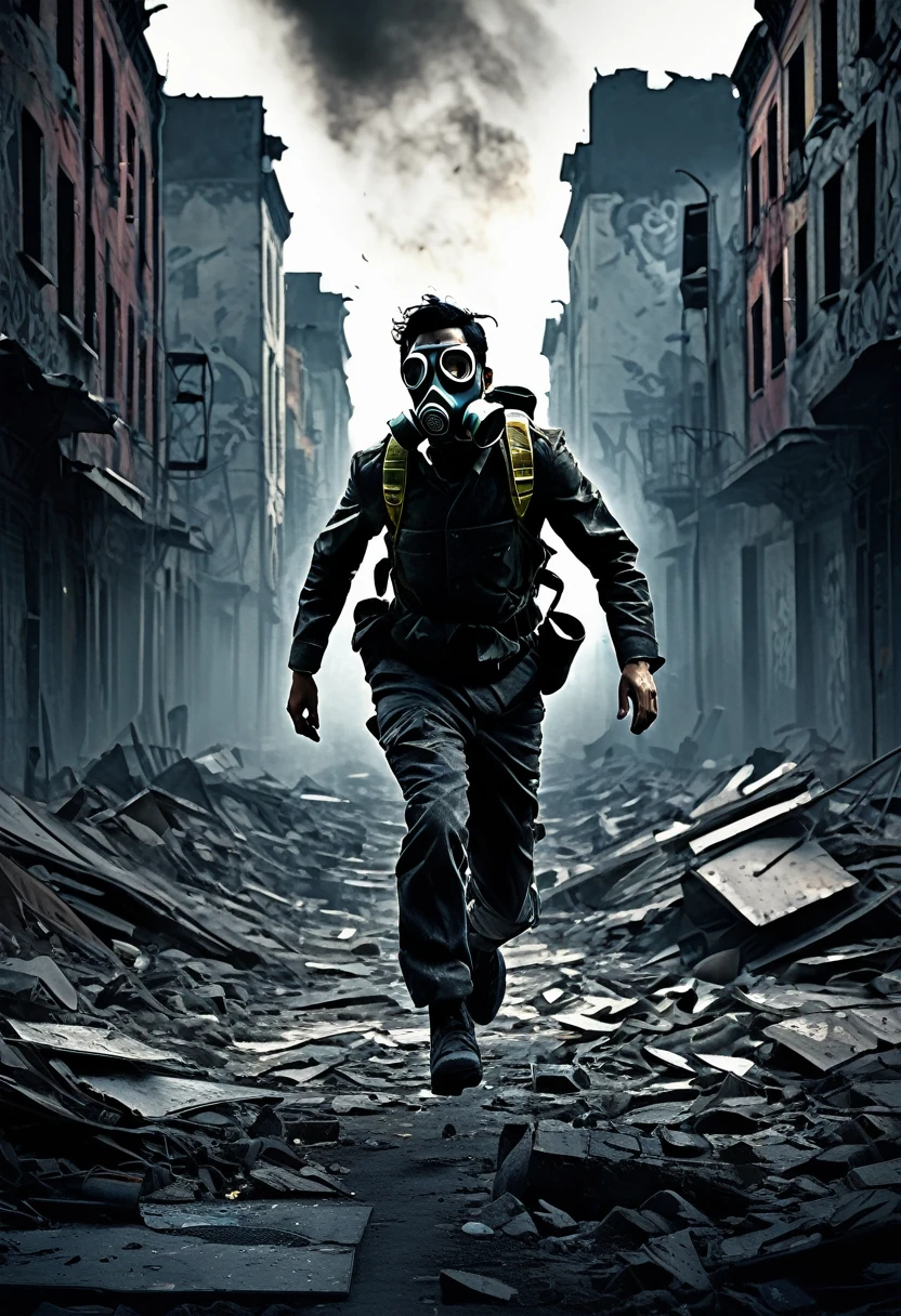 (best quality,4k,highres,masterpiece:1.2), ultra-detailed, realistic:1.37, HDR, urban landscape, destroyed city background, man with black hair wearing a gas mask, running towards a light in the sky, dramatic lighting, dark and intense atmosphere, smoke-filled streets, abandoned buildings, broken windows, crumbling infrastructure, debris and rubble, intense emotion, cinematic composition, apocalyptic setting, post-apocalyptic novel cover, captivating and mysterious, dystopian theme, vibrant colors with a desaturated tone, dramatic shadows, high contrast, graffiti-covered walls, intense perspective, dynamic movement, immersive experience.