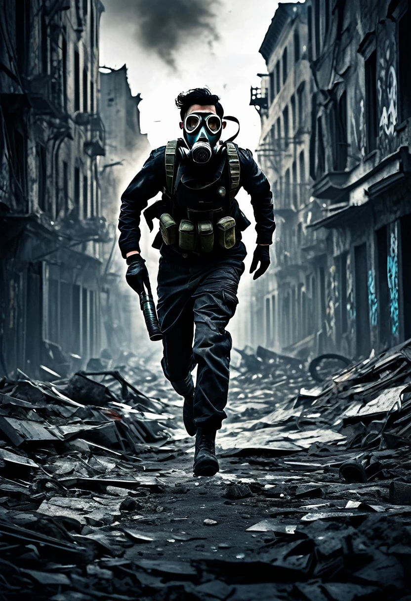 (best quality,4k,highres,masterpiece:1.2), ultra-detailed, realistic:1.37, HDR, urban landscape, destroyed city background, man with black hair wearing a gas mask, running towards a light in the sky, dramatic lighting, dark and intense atmosphere, smoke-filled streets, abandoned buildings, broken windows, crumbling infrastructure, debris and rubble, intense emotion, cinematic composition, apocalyptic setting, post-apocalyptic novel cover, captivating and mysterious, dystopian theme, vibrant colors with a desaturated tone, dramatic shadows, high contrast, graffiti-covered walls, intense perspective, dynamic movement, immersive experience.
