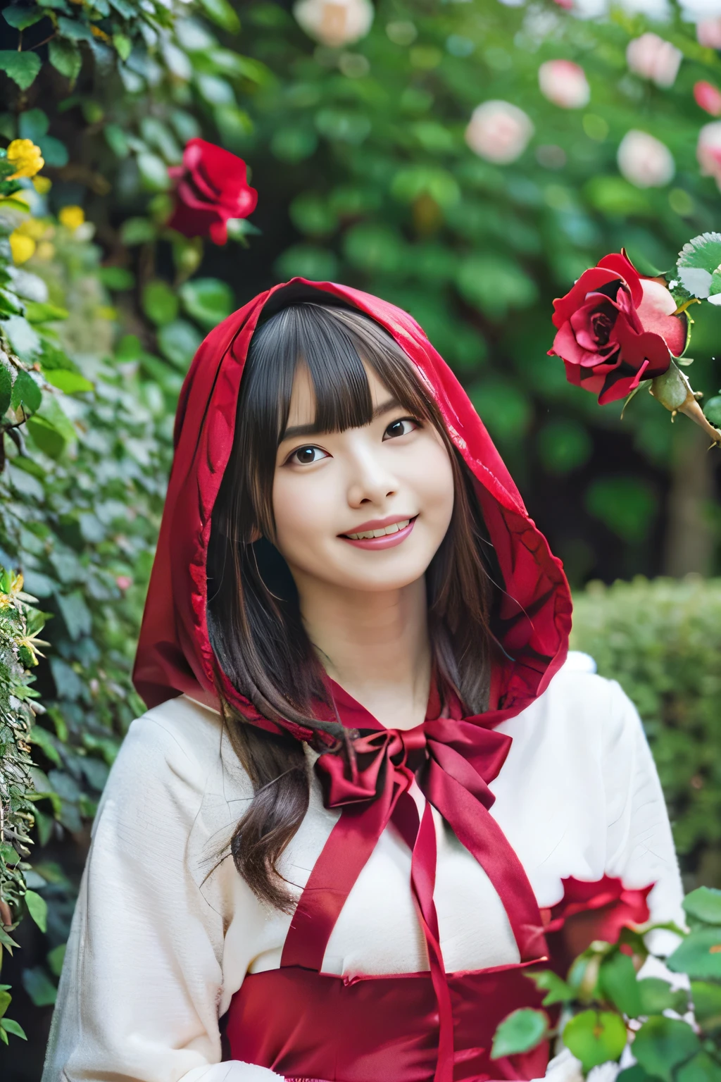 (best quality:1.2),(ultra detailed,highres,HDR,8k,3D,realistic,photorealistic,super fine,effects,official art,detailed background), (very happy smile,young,Japanese,detailed beautiful face), (Happy days),(round face,small face beauty), (dynamic pose:1.3), (head to thighs:1.5), ((Arch wrapped around fragrant roses), (Hedge full of roses), (Open garden with various types of roses blooming):1.5), (big red riding hood: 1.3), (Delicate dress), (Small face: 1.2), (Fairy-tale world feeling: 1.1) , (Put the wicker basket on the ground:1)