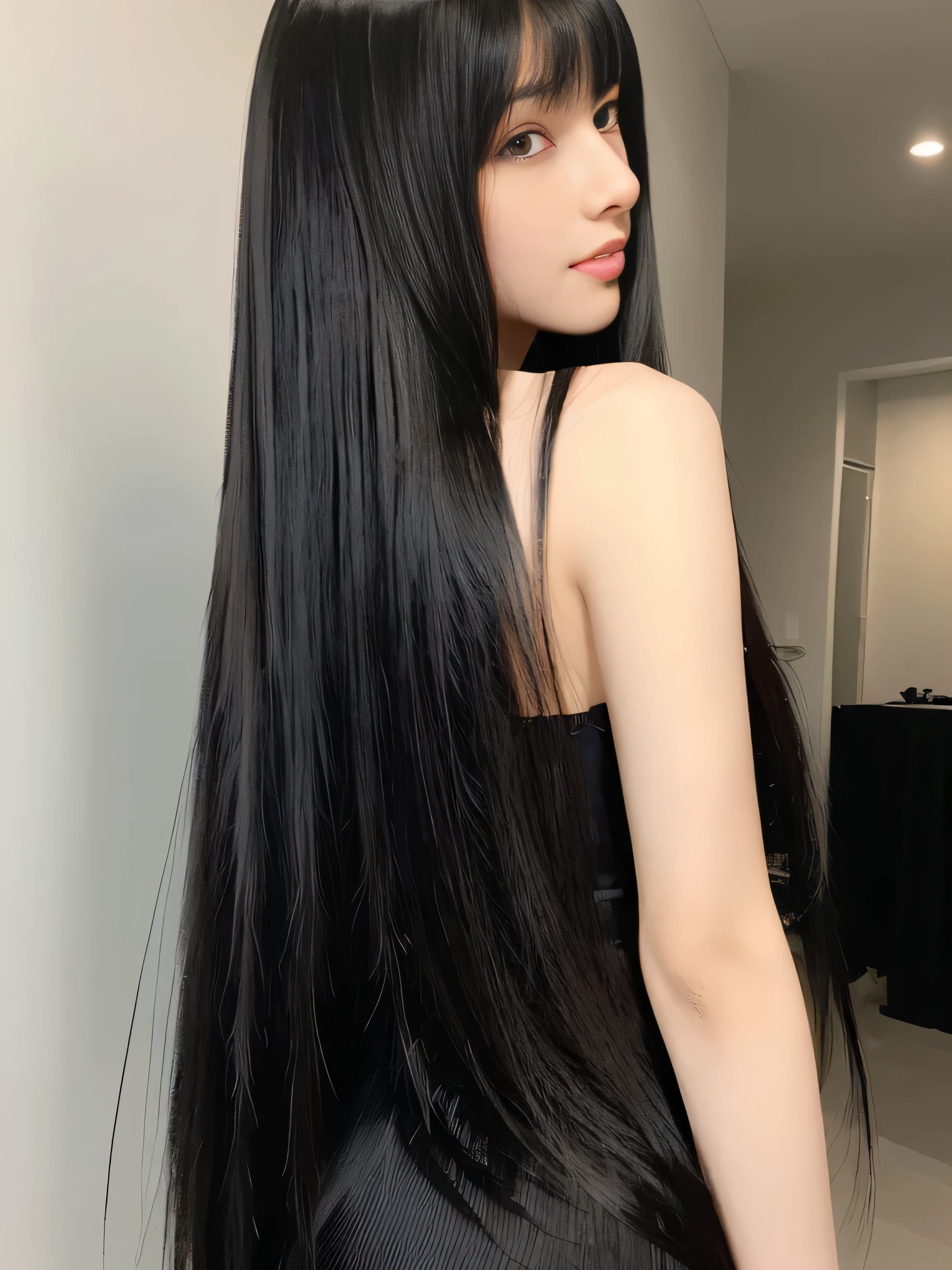 ((A random pose that shows the viewer her back and as much hair as possible:1.3)) ((Beautiful 18 year old hair model with long black hair, girl with super length Hair, extremely length Hair, extra length Hair, very long, Flowing Hair, very length Hair, length Hair girl, very long, Flowing black hair, length Hair windy, Very long black hair, length, Flowing Hair, length and curly hair, with length Hair, length Hair!!!! Stand in front of a mirror Her highest quality hair is long and straight., very long, highest quality black hair, length hair in the center, Highest quality long straight hair, length, straight, beautiful, High quality hair, length and free black highest quality straight hair, length Hair, length and straight, highest quality black hair, Perfect silky straight hair of the highest quality, straight, highest quality black hair, length black straight hair, length, Thin black hair Her hair is long and straight, very long black hair, length hair in the center, length straight hair, length, straight, beautiful hair of the highest quality, length Hair, length, straight black hair, length and free straight black hair, straight black hair)) (Her bangs are perfect.:1.3) (Pure white wall background:1.8. Photo of upper body from waist up) (Japan's cutest 12-year-old hair model) (She looks at the viewer with a very seductive expression.) ((highest quality)), ((masterpiece)), (Familiar) (Get used to it) Perfect Face (Her skin is a typical Japanese skin color.、And very detailed) (Big Breasts:1.3) (She is wearing a light blue skirt and a white blouse.) (She has a beautiful face and a slim figure..., Narrow eyes) (She has perfect beautiful makeup and face Lipstick is light red A solid eyeliner) ((Rich 1.4)) (Extremely detailed 8K) (Ultra-fine skin texture 1.4) (Actual, Vibrant:1.4), double eyelid Sharp focus:1.2、Beautiful woman:1.4 Dynamic Lighting (Genuine RAW photos taken by professional photographers) (Her long bangs、Well Organized) (Turn your whole body to the viewer) Professionally lit from the front (She has a bright and cheerful face) (Shooting above the knee:1)