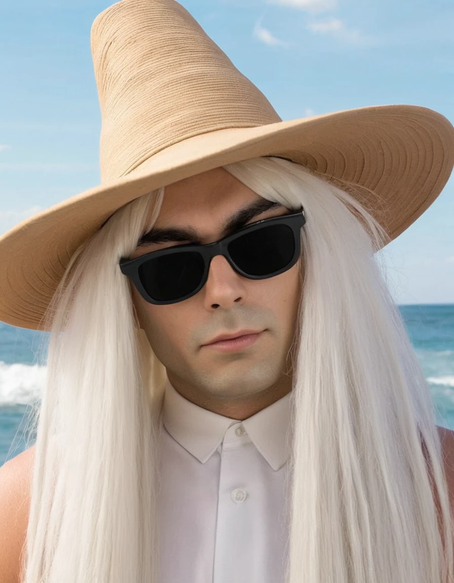 Cousin Itt character of the Addams Family with white hair and his hat