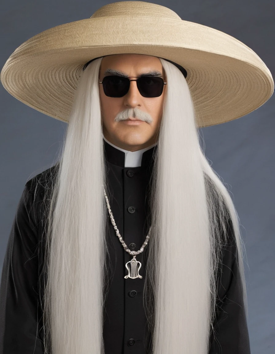 Cousin Itt character of the Addams Family with white hair and his hat