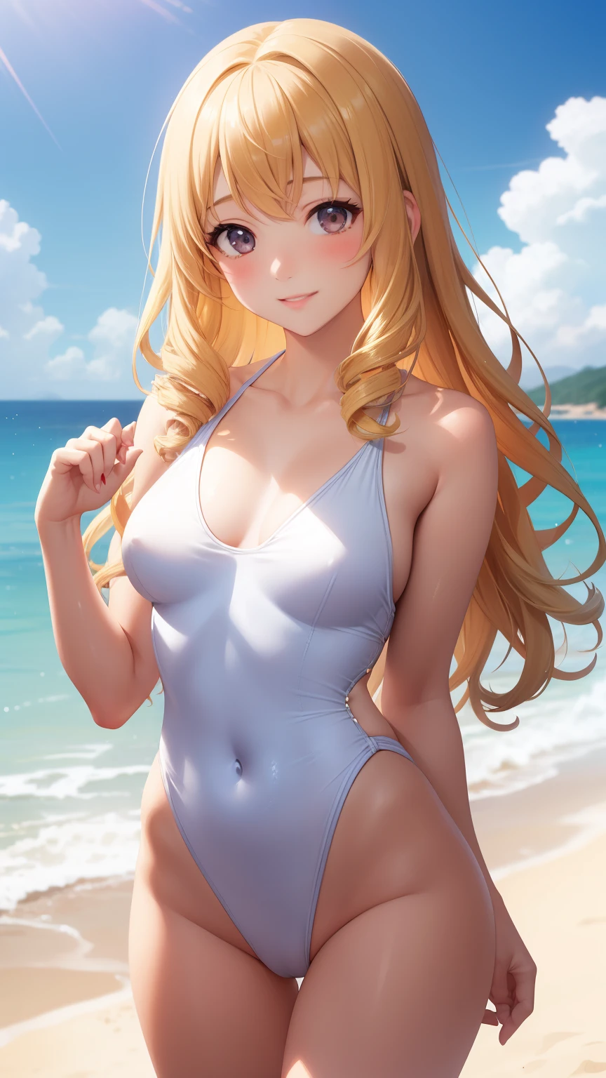 masterpiece, best quality, 1girl, very curly hair, blonde hair, shiny hair, medium breasts, narrow waist, looking at viewer, glossy lips, good lighting, latifa fleuranza, light smile, beach, one-piece swimsuit with microskirt