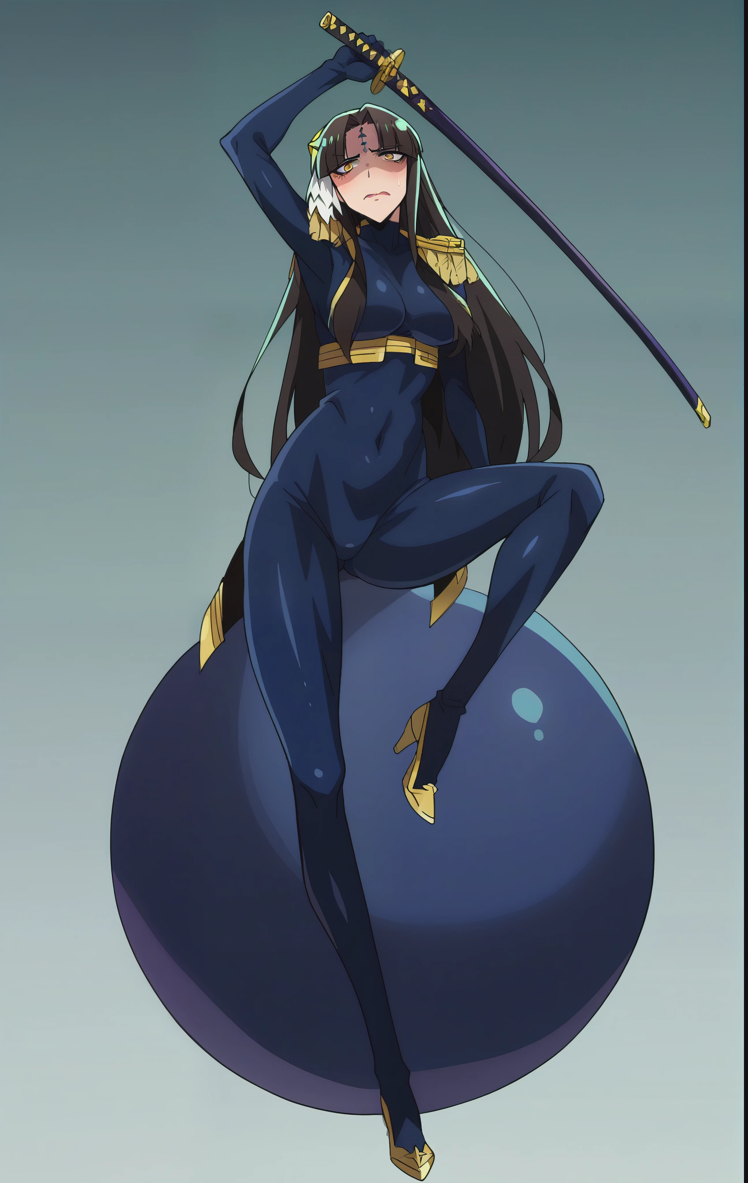 score_9, score_8_up, score_7_up, source_anime, michikotanaka, michiko tanaka, long hair, black hair, yellow eyes, facial mark, forehead mark, michiko_tanaka_mahoushoujoniakogarete, anime_style, (long hair, black hair:1.3), forehead, forehead mark, hair ornament, muscular female, anatomically correct, mature female, curvy, heavy breathing, leg up, 1girl, solo, katana, breasts, high_heels, bodysuit,arms_up, covered_navel, full_body, skin_tight, standing, jewelry, rating:safe, anime coloring, anime screencap, hair ornament, (shaded face:1.2), yellow eyes, drunk, blush, forehead mark, makeup, embarrassed,