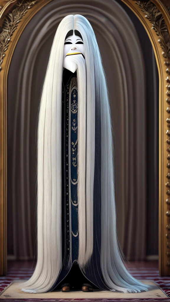Detailed and intricately textured digital rendering of Cousin Itt from the Addams Family, faithfully capturing his unique white hair and distinctive hat, with a whimsical and eerie mood, presented in a cartoon animation style, full-body view, hands naturally placed on his hips, curious and mischievous expression, high resolution 8K.