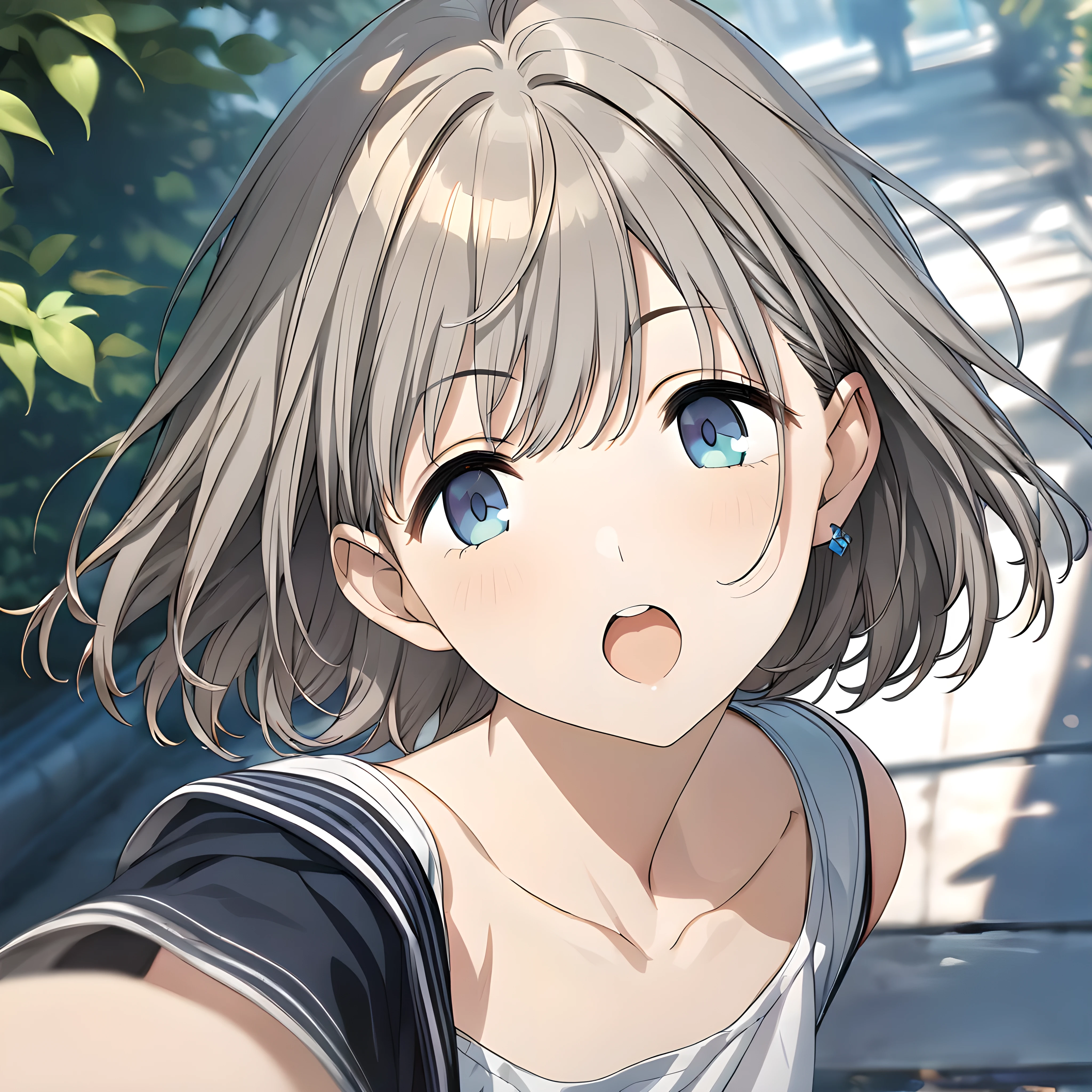 (masterpiece),(best quality),(ultra-detailed),(best illustration),(best shadow),(absurdres),(detailed background),(very aesthetic), asahi serizawa, 1girl, blue eyes, solo, open mouth, jewelry, short hair, earrings, blurry, grey hair, bangs, portrait, 