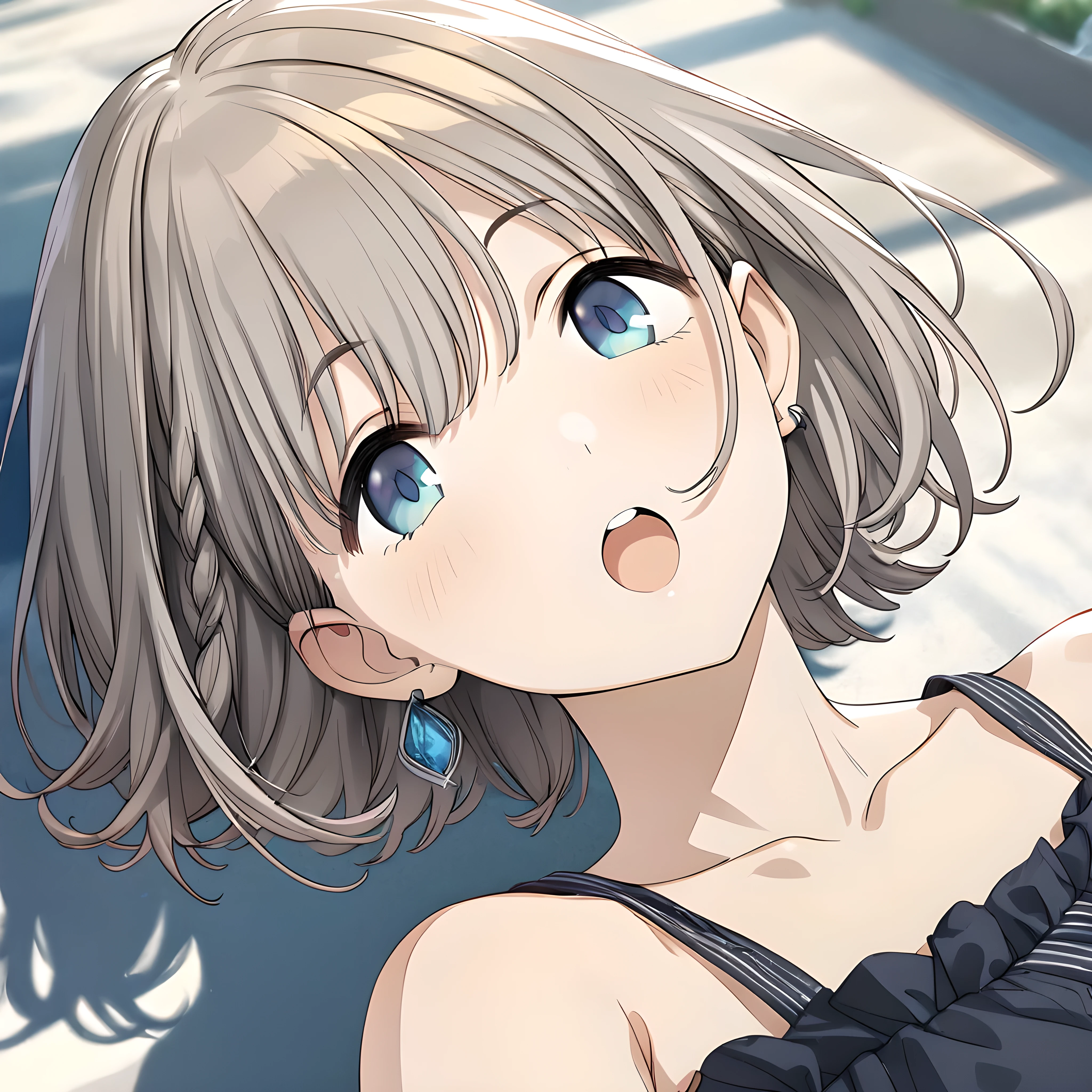 (masterpiece),(best quality),(ultra-detailed),(best illustration),(best shadow),(absurdres),(detailed background),(very aesthetic), asahi serizawa, 1girl, blue eyes, solo, open mouth, jewelry, short hair, earrings, blurry, grey hair, bangs, portrait, 