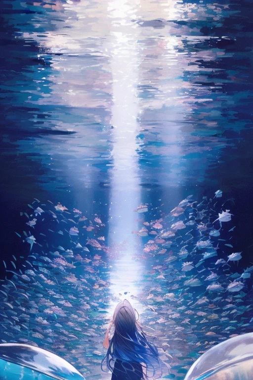 jellyfish、光るjellyfish、Aquarium、girl、In the water、Spreading hair、Aquarium、Light pink transparent hair color、Gradient Hair、colorful、Beautiful colors、Neon color、Rainbow-colored