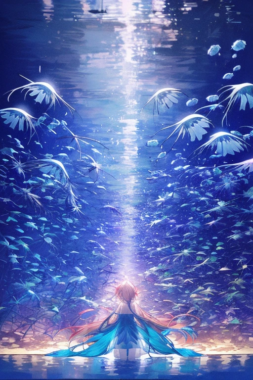 jellyfish、光るjellyfish、Aquarium、girl、In the water、Spreading hair、Aquarium、Light pink transparent hair color、Gradient Hair、colorful、Beautiful colors、Neon color、Rainbow-colored