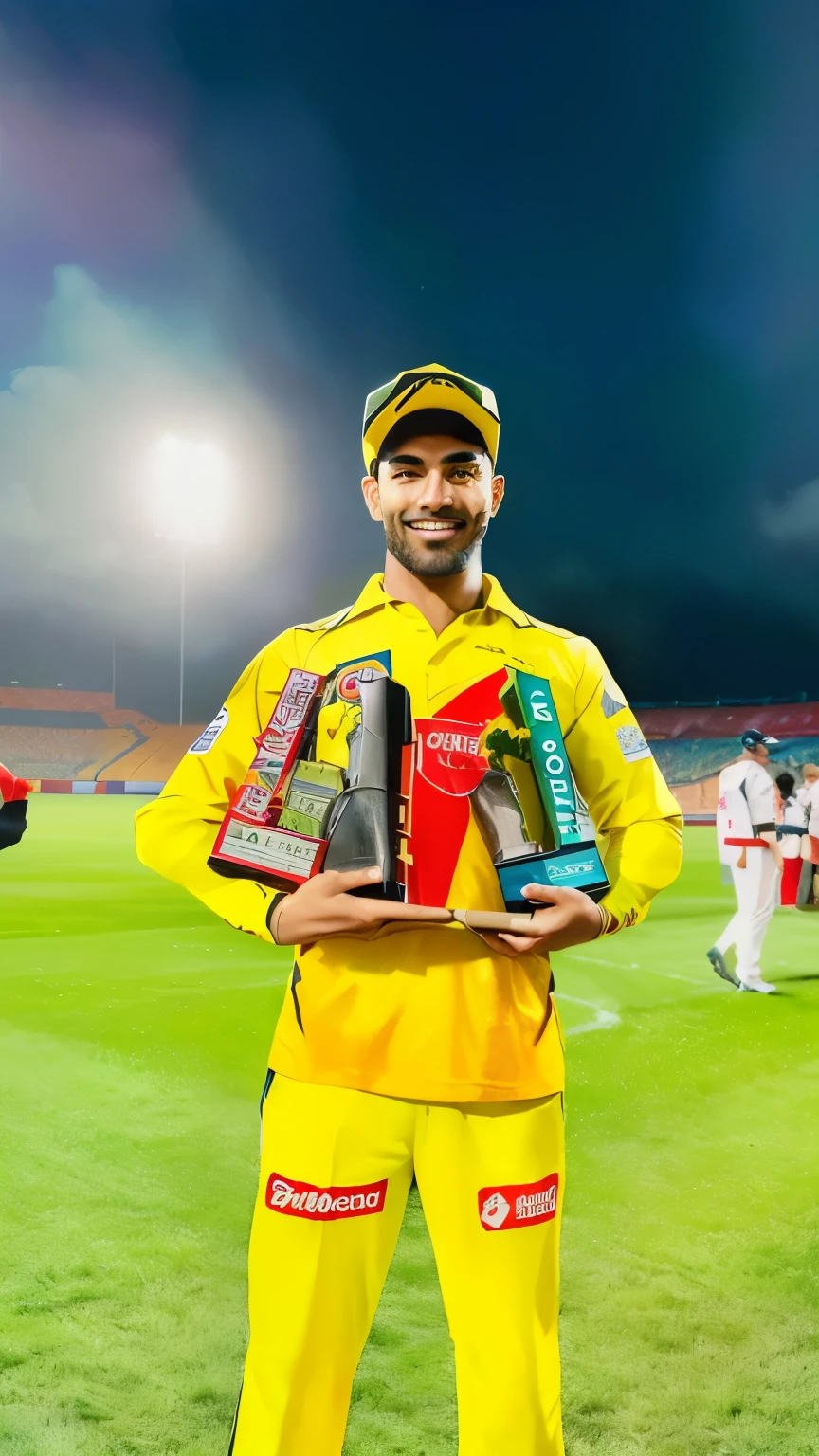 arafed man in yellow uniform holding a trophy and a baseball bat, competition winning, listing image, contest winning masterpiece, king in yellow, 🌻🎹🎼, inspired by Mitchell Johnson, contest winner 2021, highlights, full body photogenic shot, very very happy, exclusive, trending ,, postprocessed), official, eye level view, '20