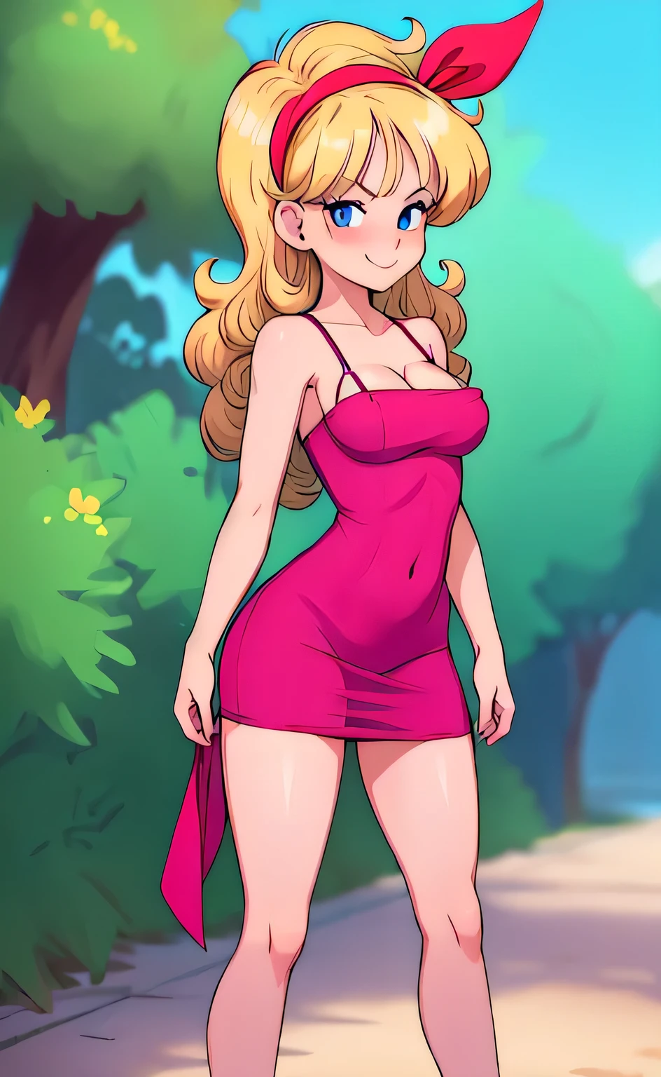 ((masterpiece, best quality)), insaneres, absurdres, solo, looking at viewer, BlondeHair_BadLaunch_ownwaifu, 1girl, long hair, blonde hair, curly hair, hair ribbon, blue eyes, medium breasts, red hairband, eyelashes, bangs, cleavage, bare shoulders, collarbone, little dark pink tight dress, t3ghtdr3ss, bare legs, outdoors, depth of field, vanishing point, arms at sides, (contrapposto), smile