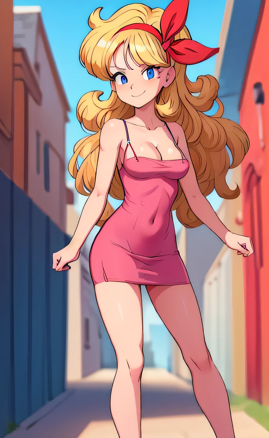 ((masterpiece, best quality)), insaneres, absurdres, solo, looking at viewer, BlondeHair_BadLaunch_ownwaifu, 1girl, long hair, blonde hair, curly hair, hair ribbon, blue eyes, medium breasts, red hairband, eyelashes, bangs, cleavage, bare shoulders, collarbone, little dark pink tight dress, t3ghtdr3ss, bare legs, outdoors, depth of field, vanishing point, arms at sides, (contrapposto), smile