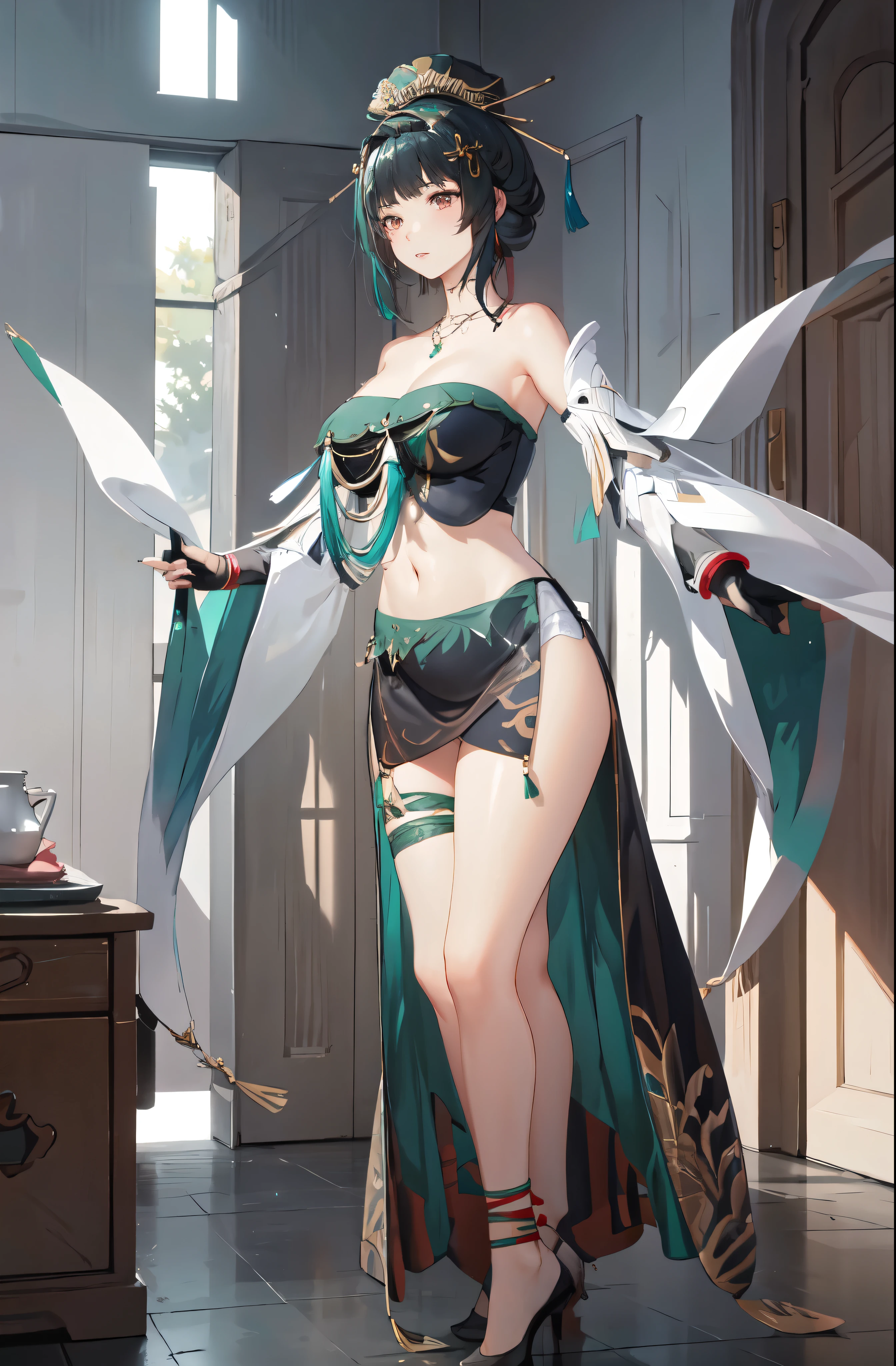 masterpiece, best quality BREAK solo, china dress, highres, 1girl, standing, (large breasts), mature female, hanying, Full body drawing, (masterpiece), (best quality), (hyperdetail), (illustration), ((extremely delicate and beautiful)), (detailed light), (prefect's body), full body drawing, Hanying, HanYing, sexy, sexy belly, sexy belly line, sexy belly button